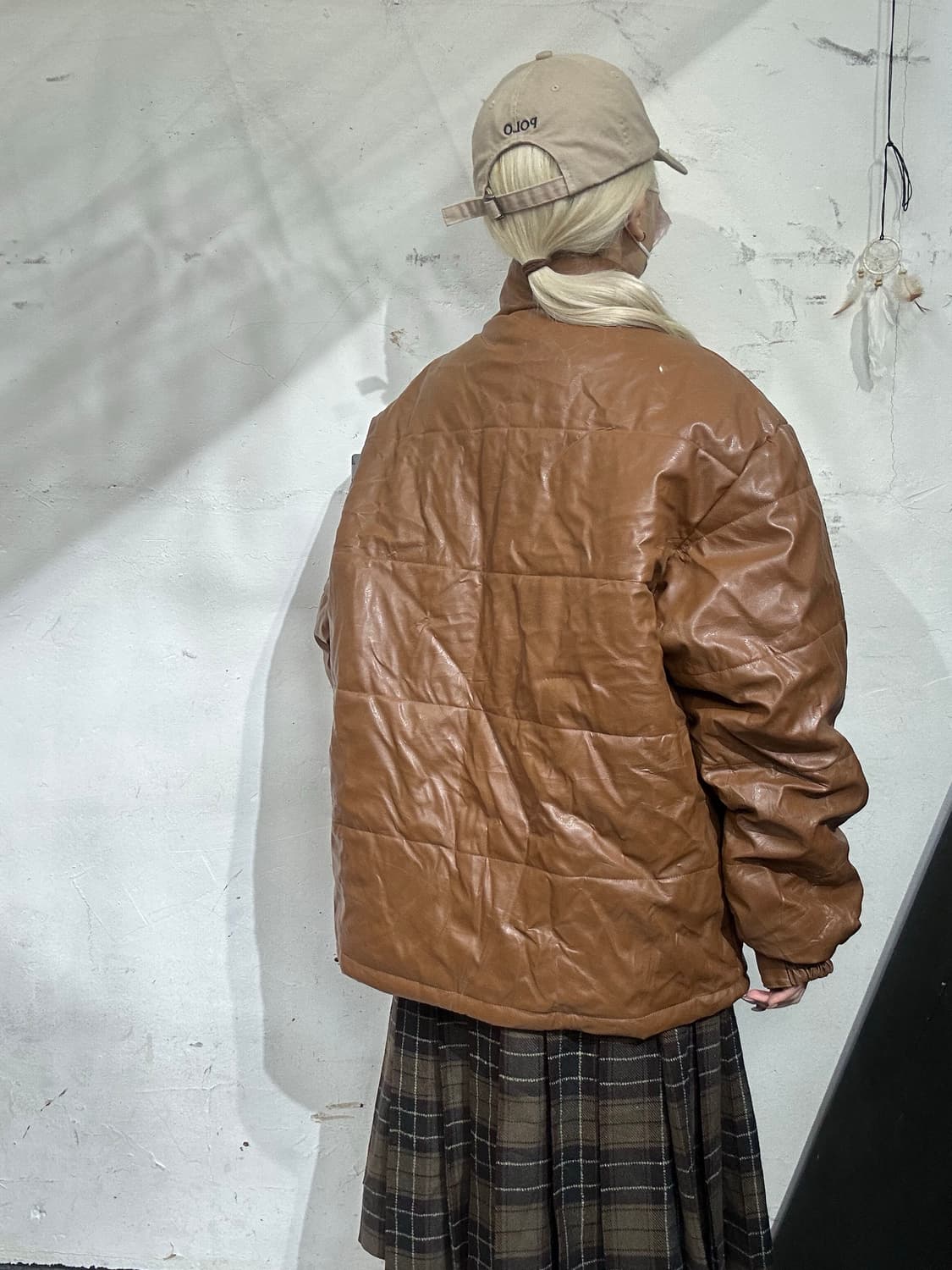 일본 빈티지 브라운 레더 비건 레더 푸퍼 패딩 M 상품이미지3