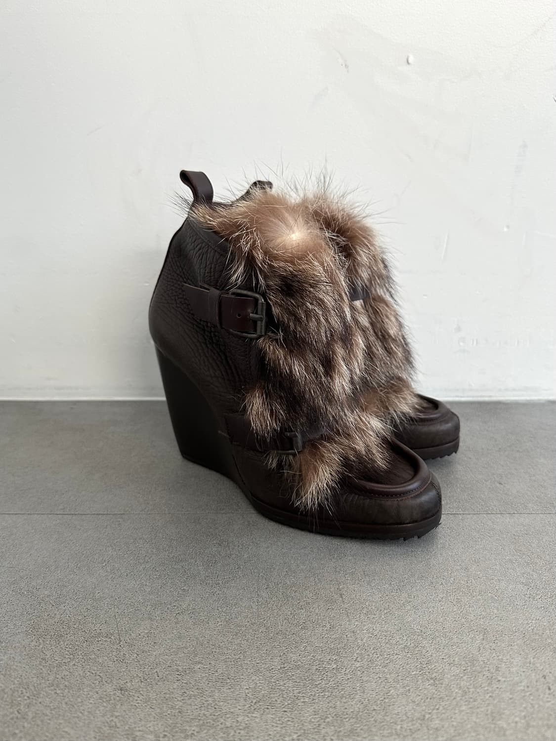 피에르하디 아카이브 브라운 퍼 레더 웨지부츠 상품이미지5