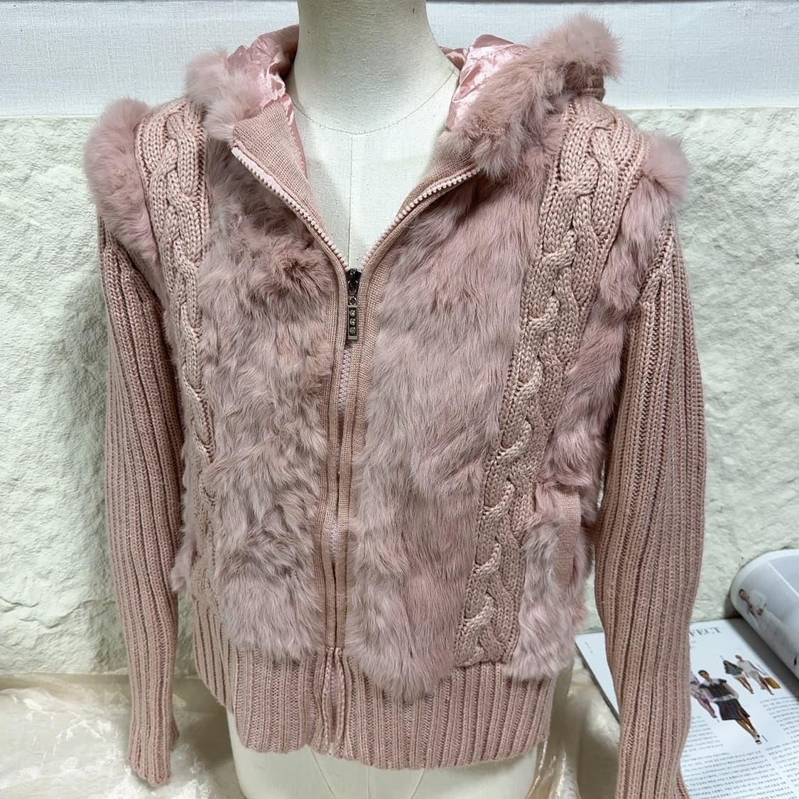 빈티지 로즈핑크 토끼털 꽈배기 니트자켓 후드집업 상품이미지2