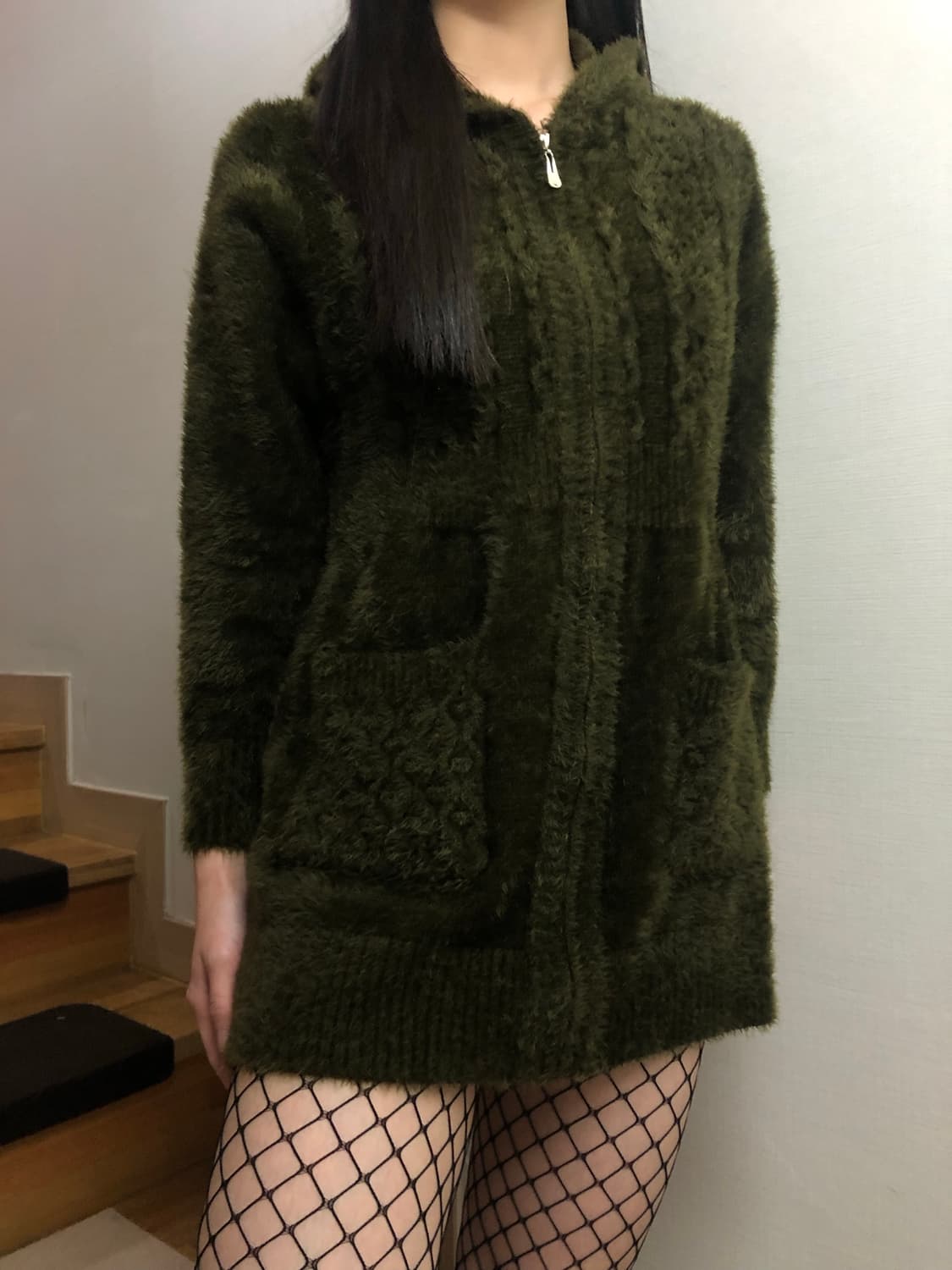 빈티지 후드 카키 롱 집업 상품이미지9