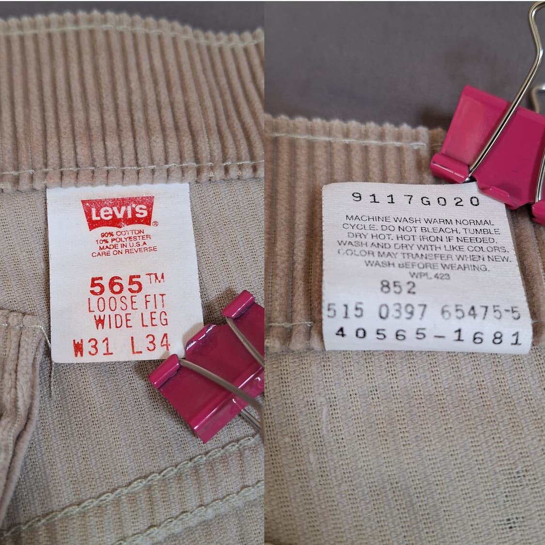 90s 빈티지리바이스 565 코듀로이 베이지 상품이미지3