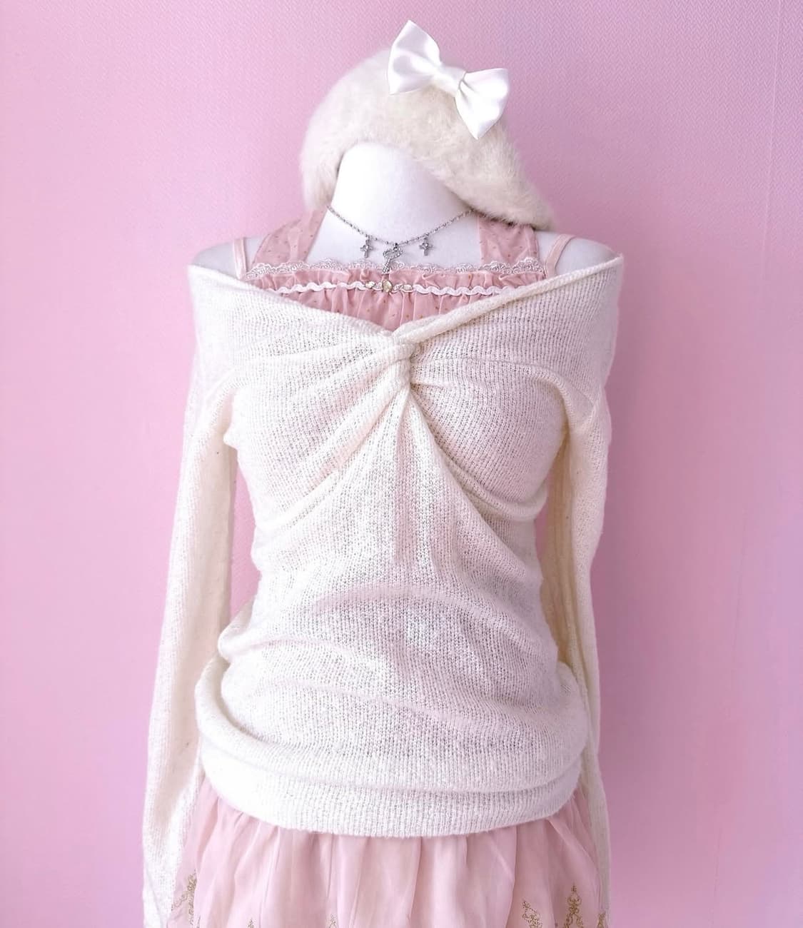 엑시즈팜 핑크 리본 나시 니트 오프숄더 코디 라떼 히메 갸루 러블리 상품이미지1