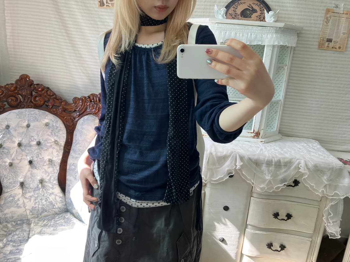 일본빈티지 네이비 셔링 7부 도트 레이어드 탑 상품이미지3