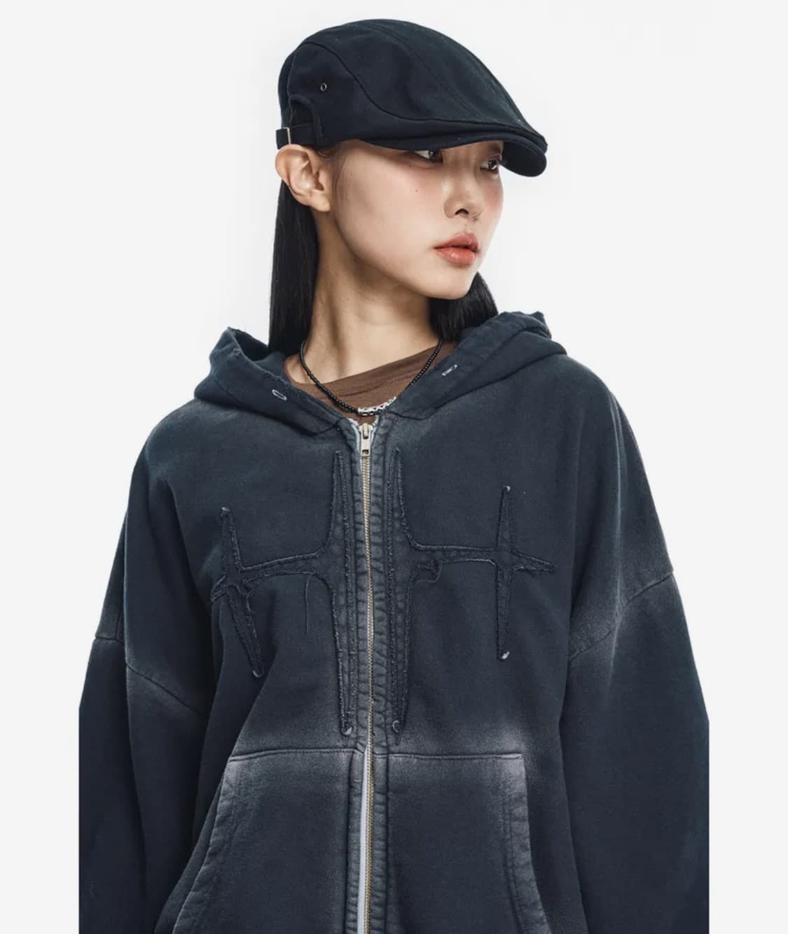 워시드 패치 오버핏 후드집업 블랙 상품이미지3