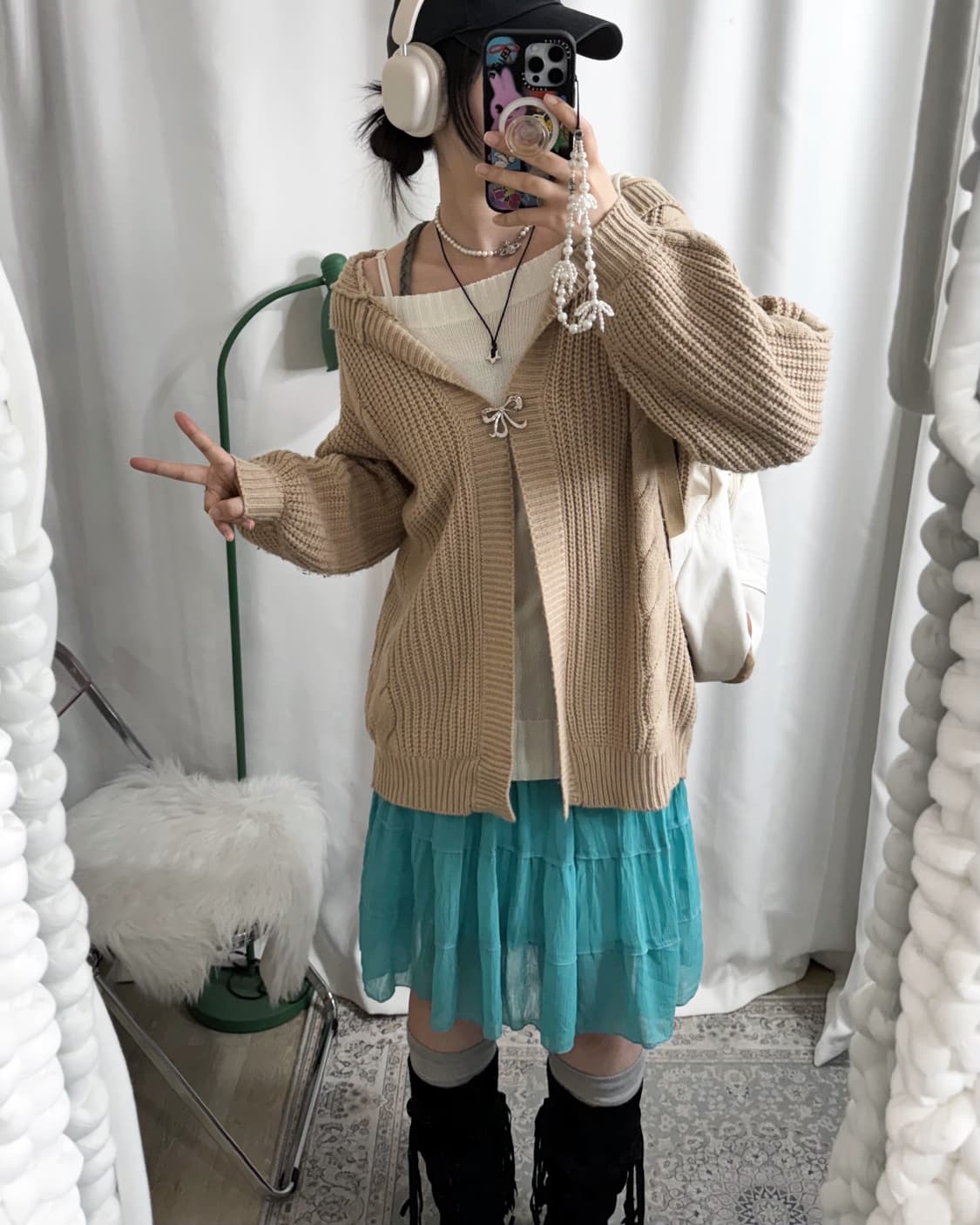 베이지 꽈배기 오버핏 후드 가디건 상품이미지2