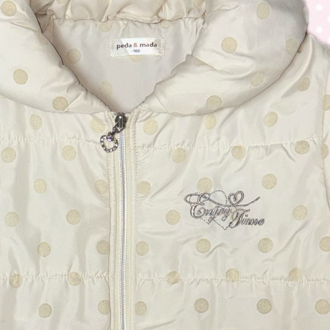 히메갸루 모리걸 아이보리 베이지 도트 리본 숏패딩 아우터 상품이미지3