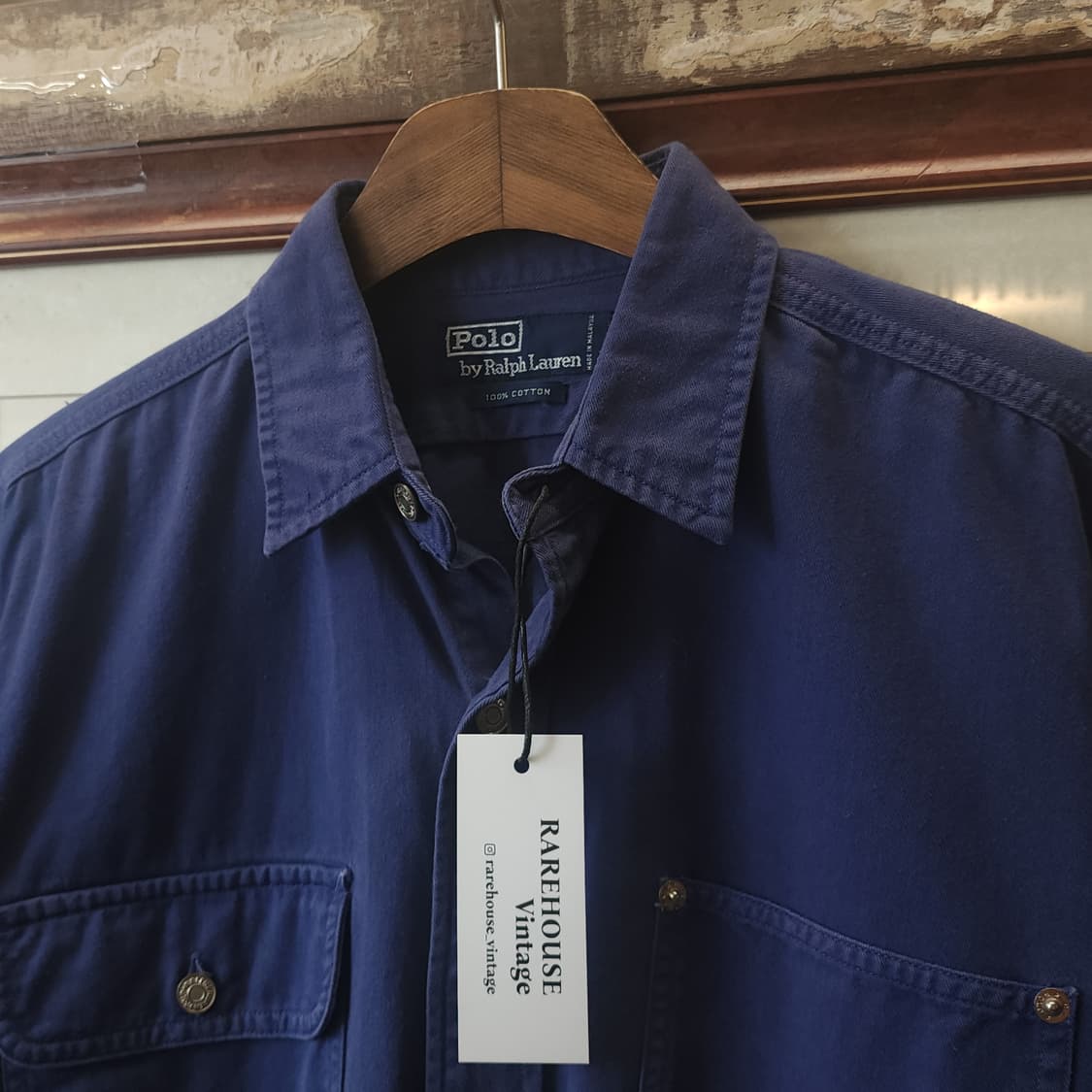 90s 폴로 헤비코튼 투포켓 워크셔츠 삼중 스티치 블루 M 상품이미지3