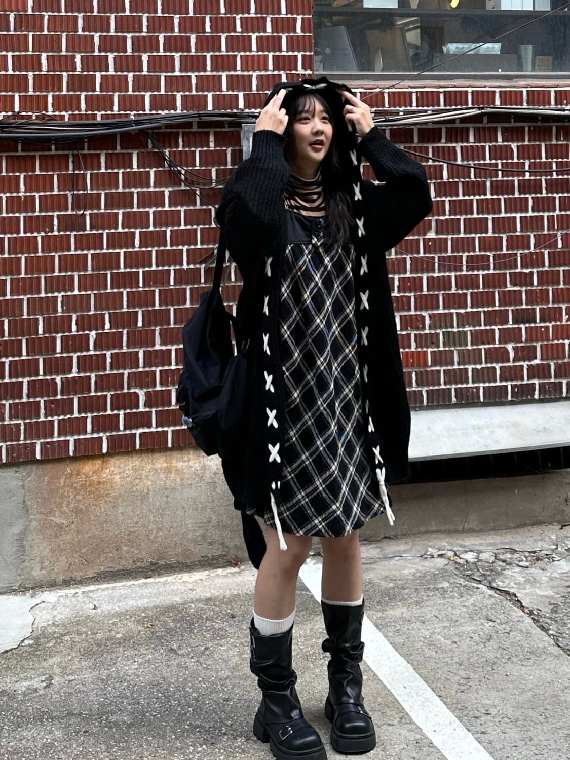 체크 원피스 롱 가디건 스트라이프 목폴라 코디세트 상품이미지4