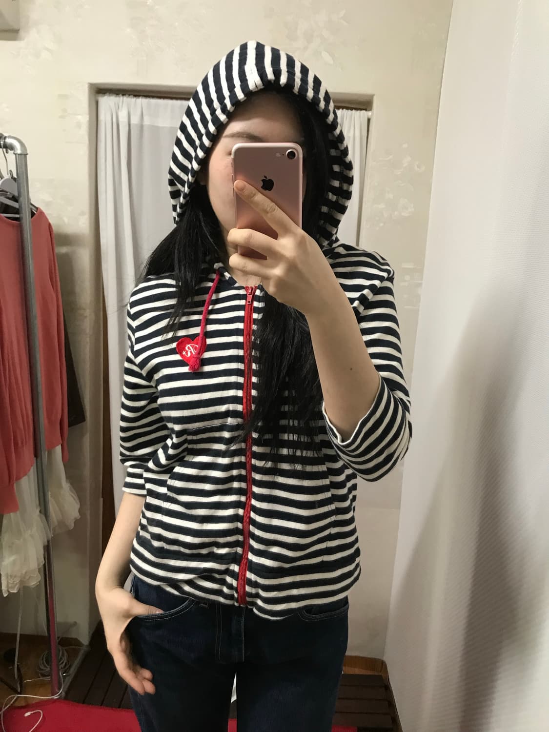vintage stripe heart patch hood zipup 상품이미지3