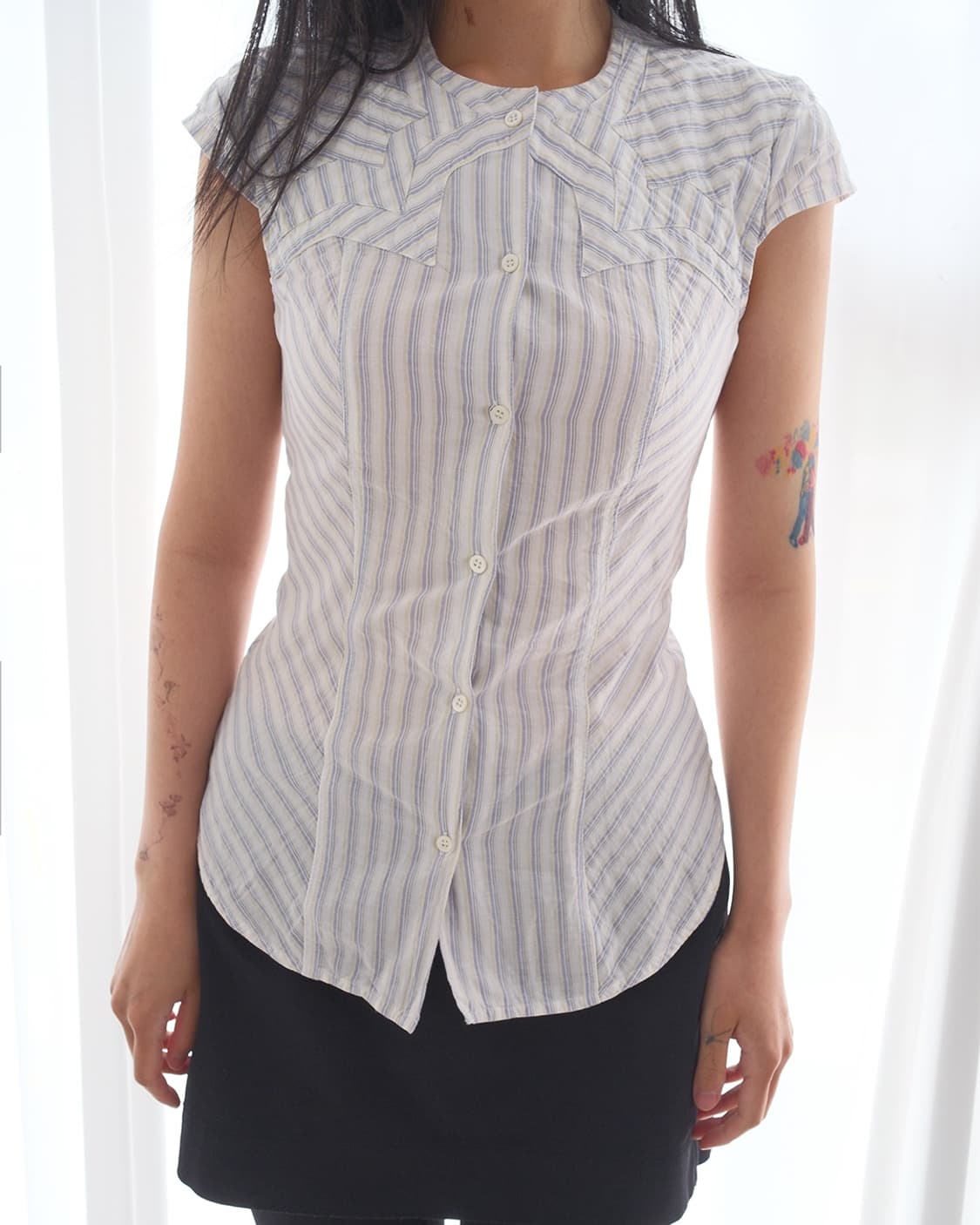 Star Patched Stripe Cap Sleeve Shirt 상품이미지1