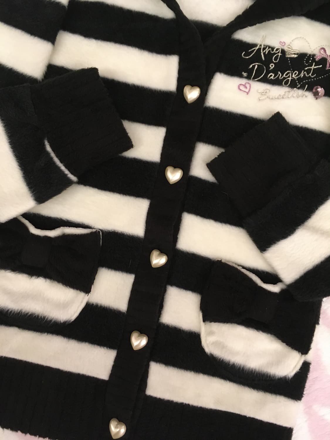 블랙 스트라이프 퍼 후드 가디건 하트쥬얼버튼 리본포켓 갸루 조지후쿠 상품이미지7