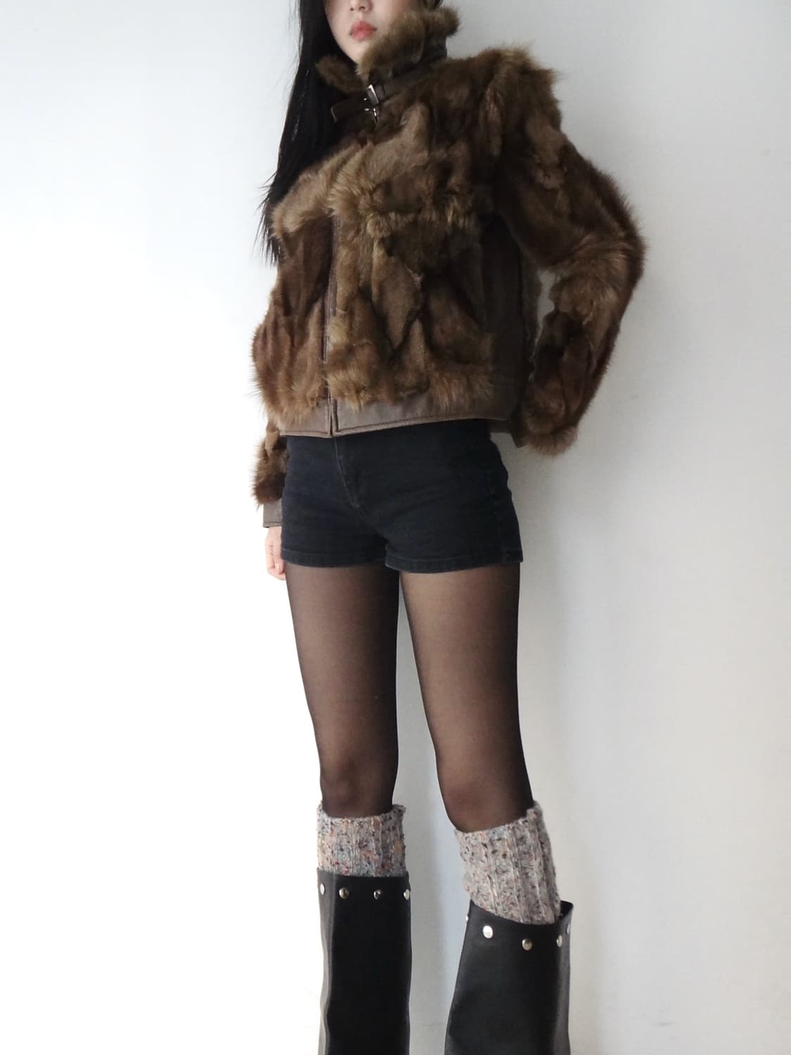 Neck buckle dual fur leather jacket/ 폭스퍼 상품이미지6
