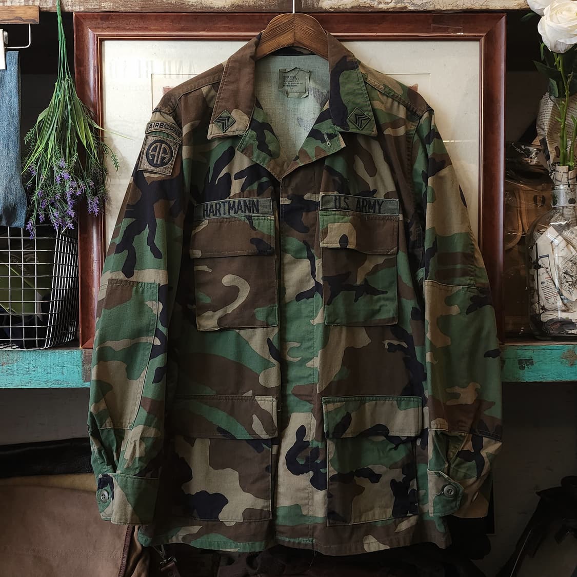 90s 미군 BDU 카모셔츠 우드랜드 미디움 레귤러 부대패치 상품이미지1