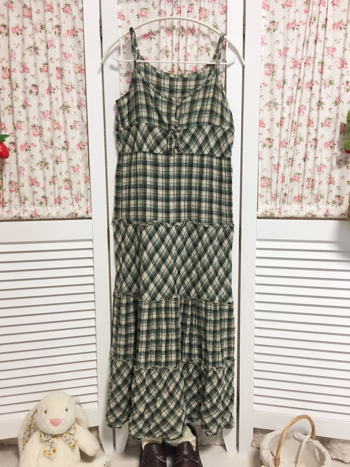 빈티지 그린 체크 롱 원피스  상품이미지1