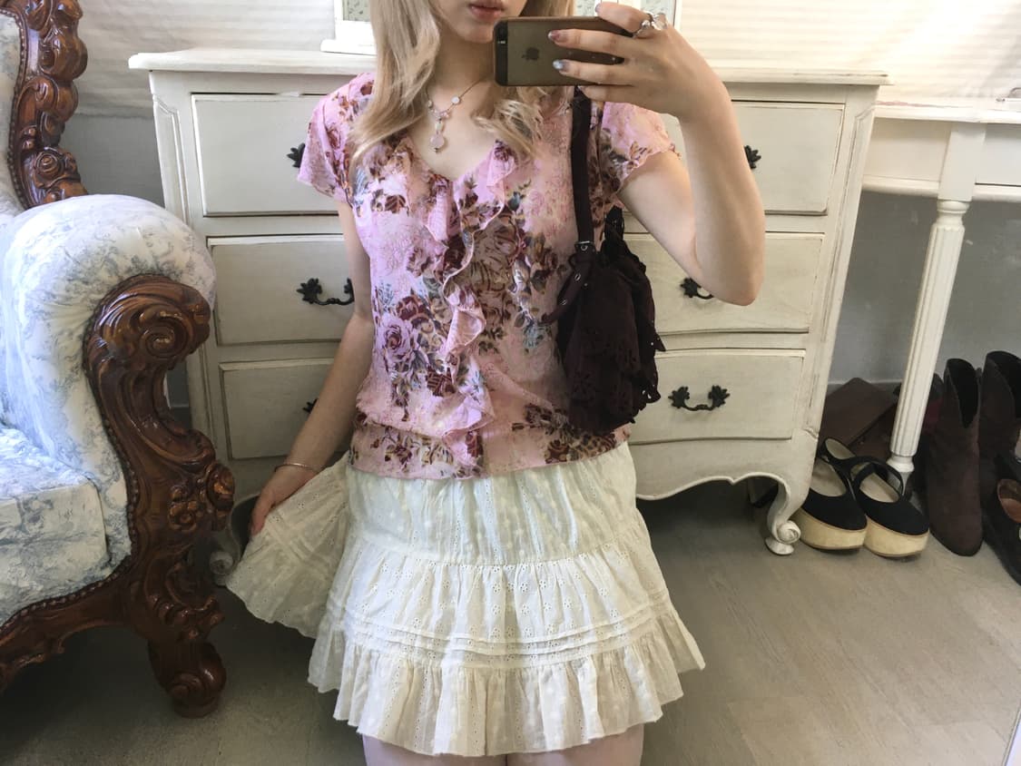 일본빈티지 핑크 로즈 러플 시스루 블라우스 상품이미지1