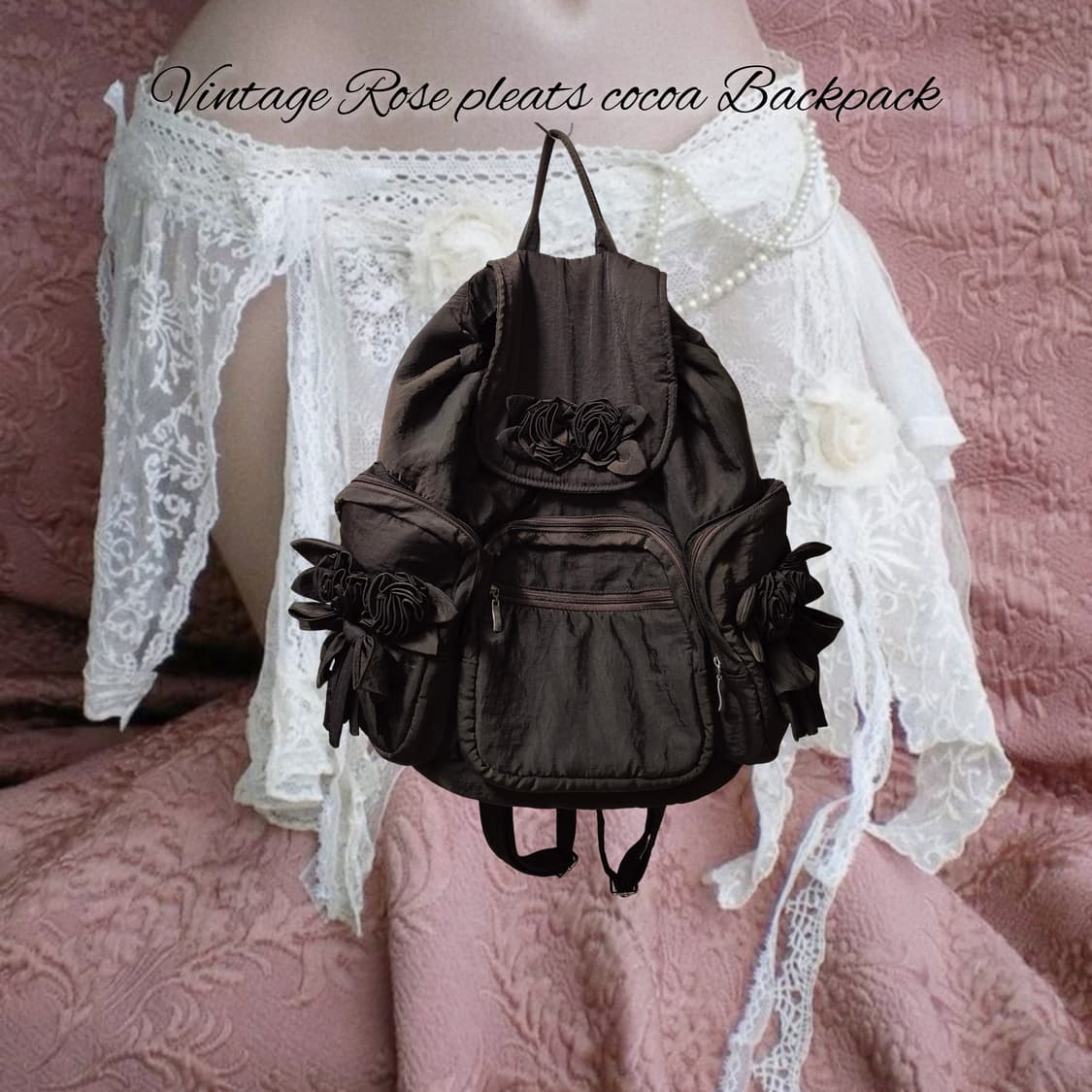 Vintage Rose pleats cocoa Backpack 상품이미지1