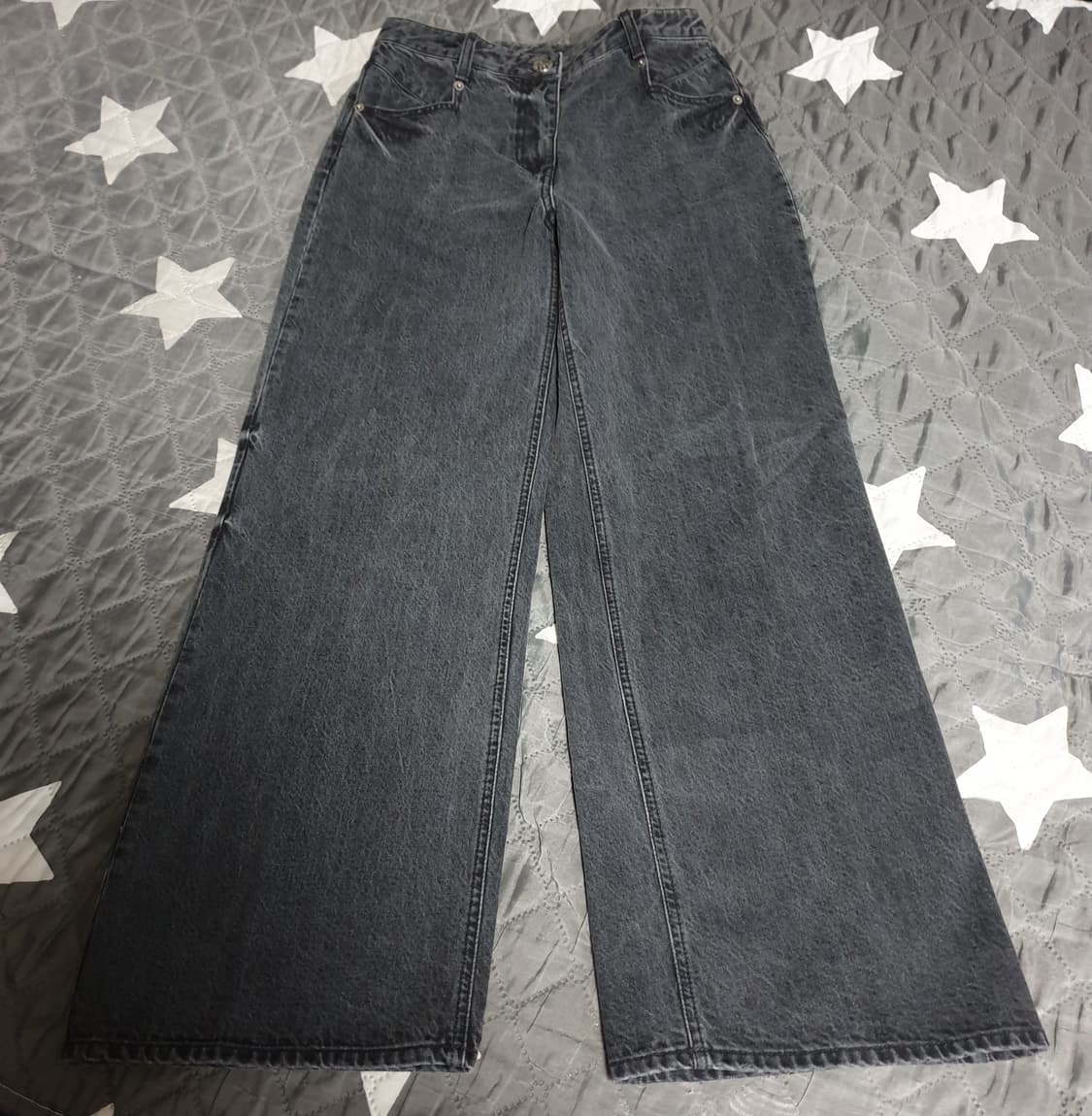 (협업제품) 타임&ROYO 워싱 백레터링 와이드 데님팬츠 흑청 (29) 상품이미지1