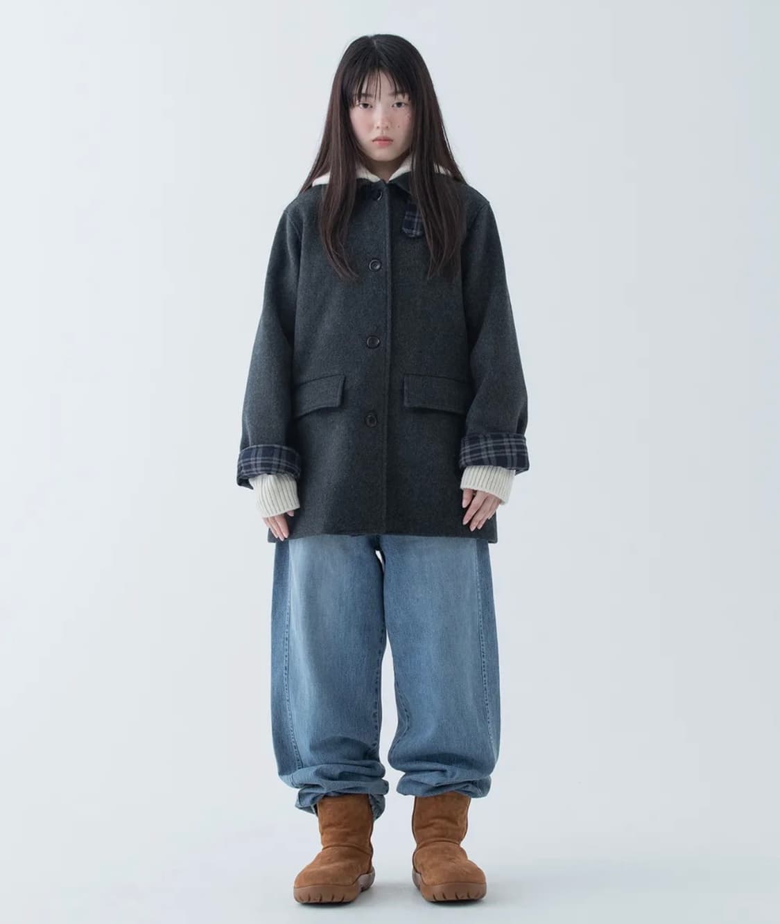 오헤시오 체크 코트 CHECK HALF WOOL COAT 차콜 상품이미지1