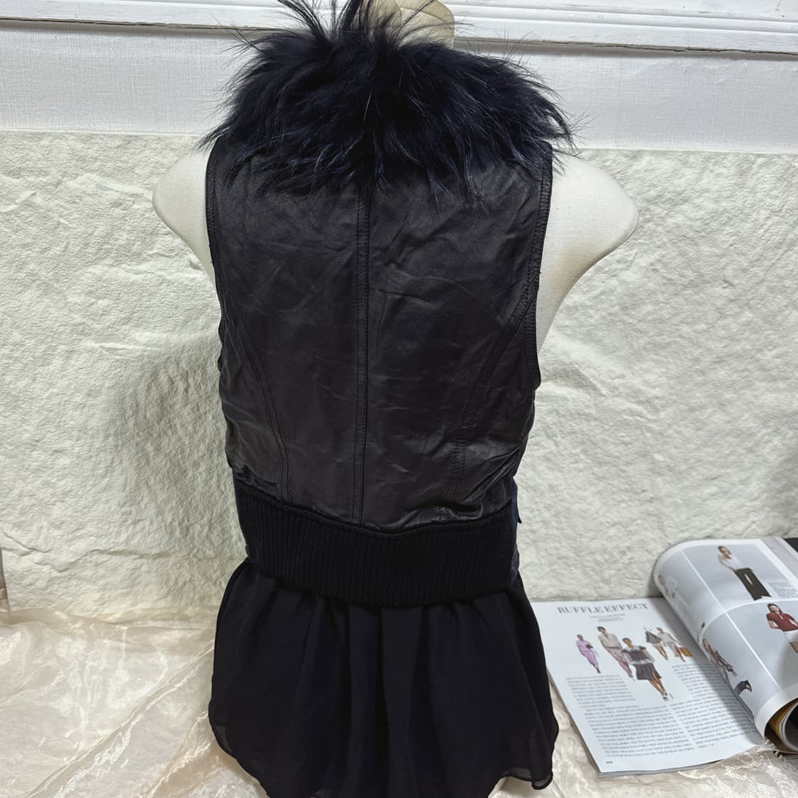 빈티지 고딕 워싱 데님 &양가죽&망사 라쿤퍼 조끼 베스트 상품이미지3