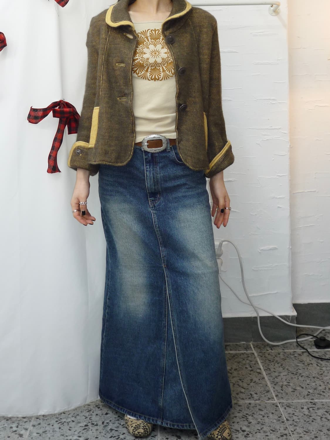 Mustard lined cardigan 상품이미지2