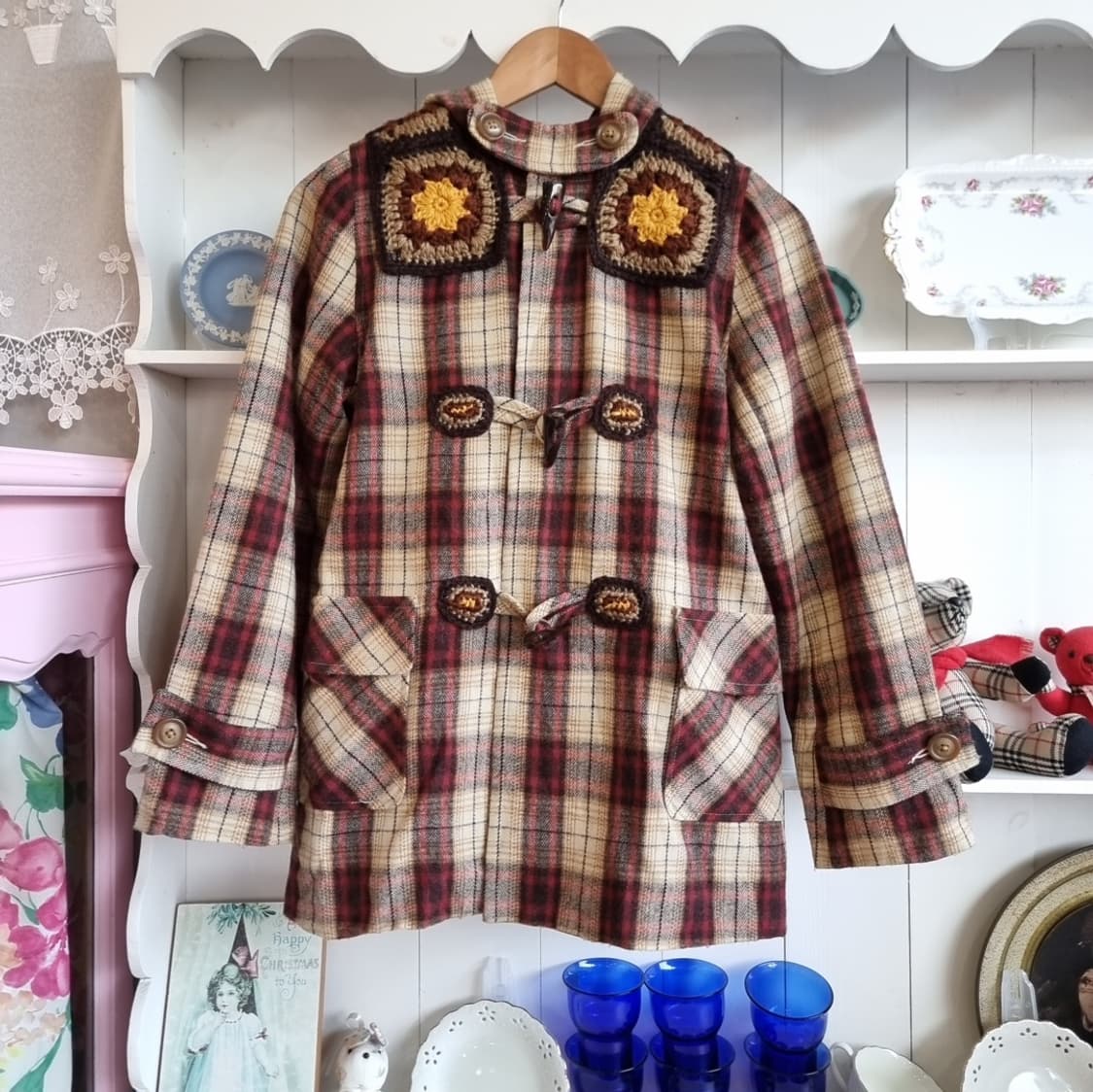 빈티지 체크 니트 디테일 더플 코트 상품이미지1