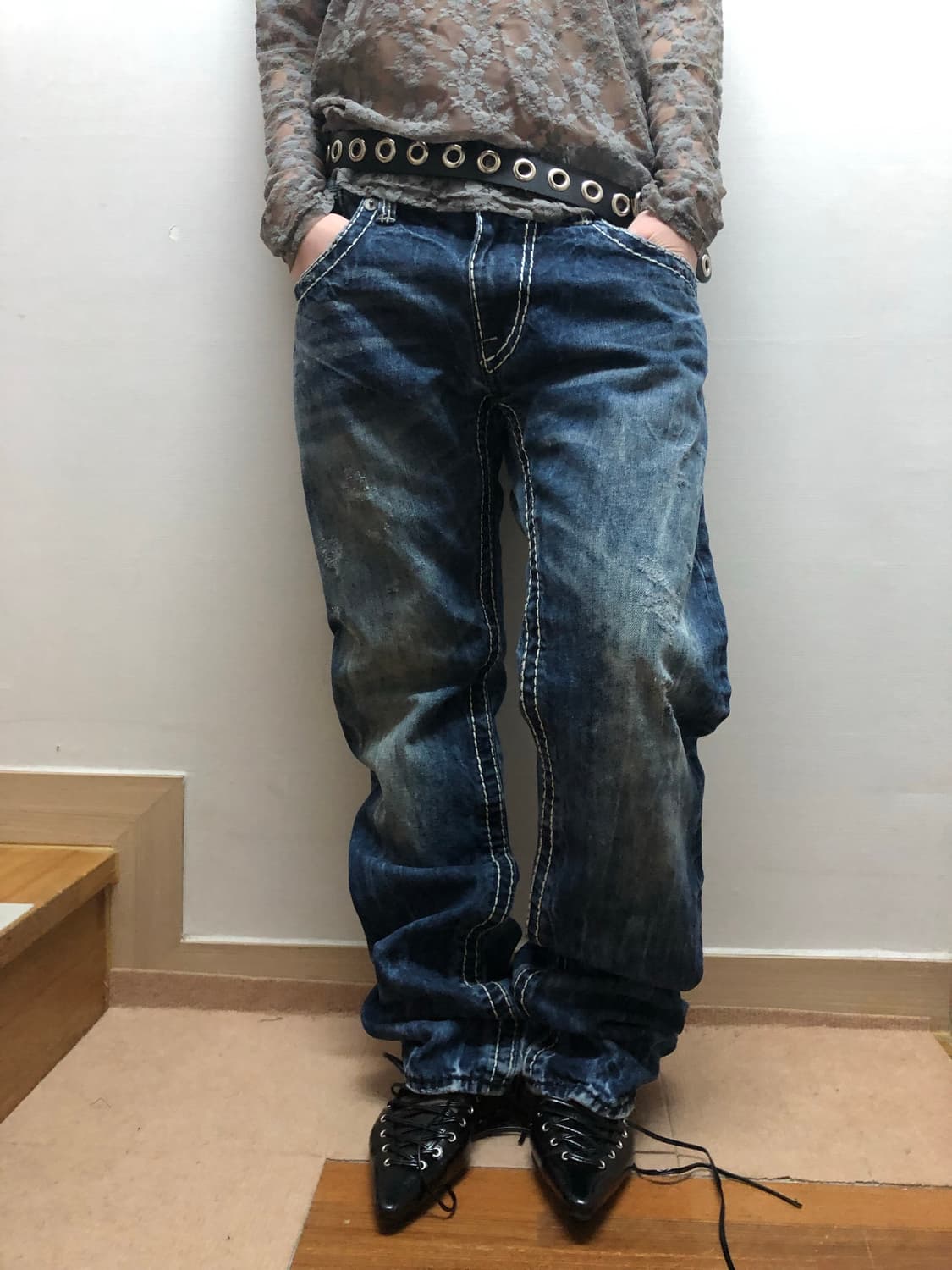 빈티지 버커루 화이트 스티치 데님 팬츠 상품이미지2