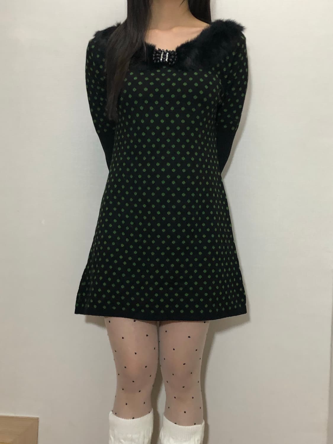 빈티지 블랙 그린 도트 원피스 상품이미지1