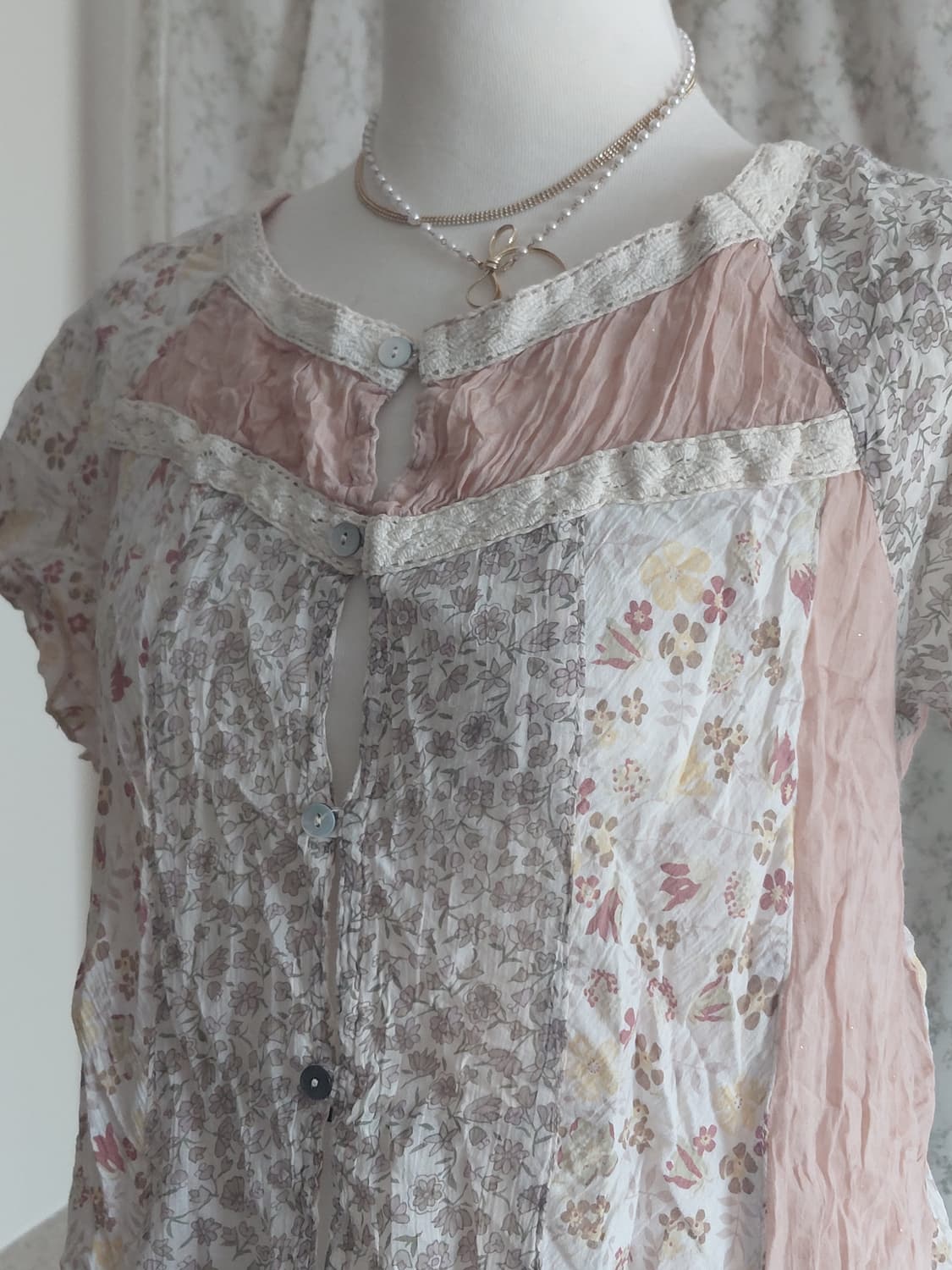 [일본빈티지] 빈티지 플라워 반팔 블라우스 핑크 상품이미지3
