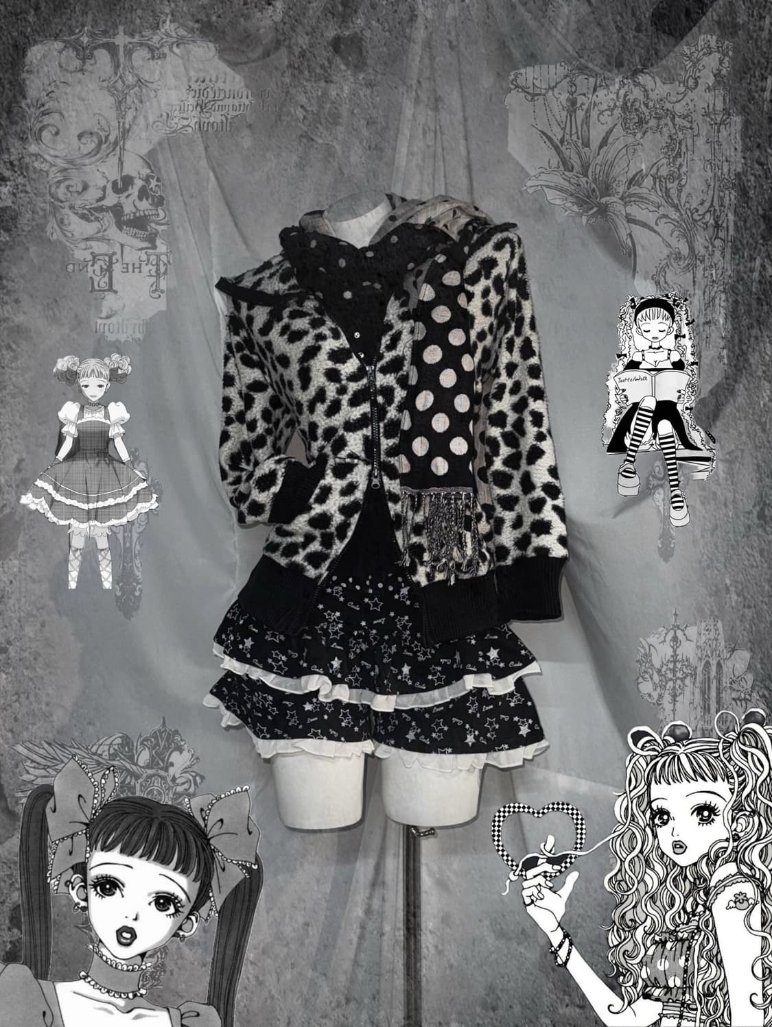 무채색 미와코깔 키치 데일리 하라주쿠 레오파드 코디세트 상품이미지1