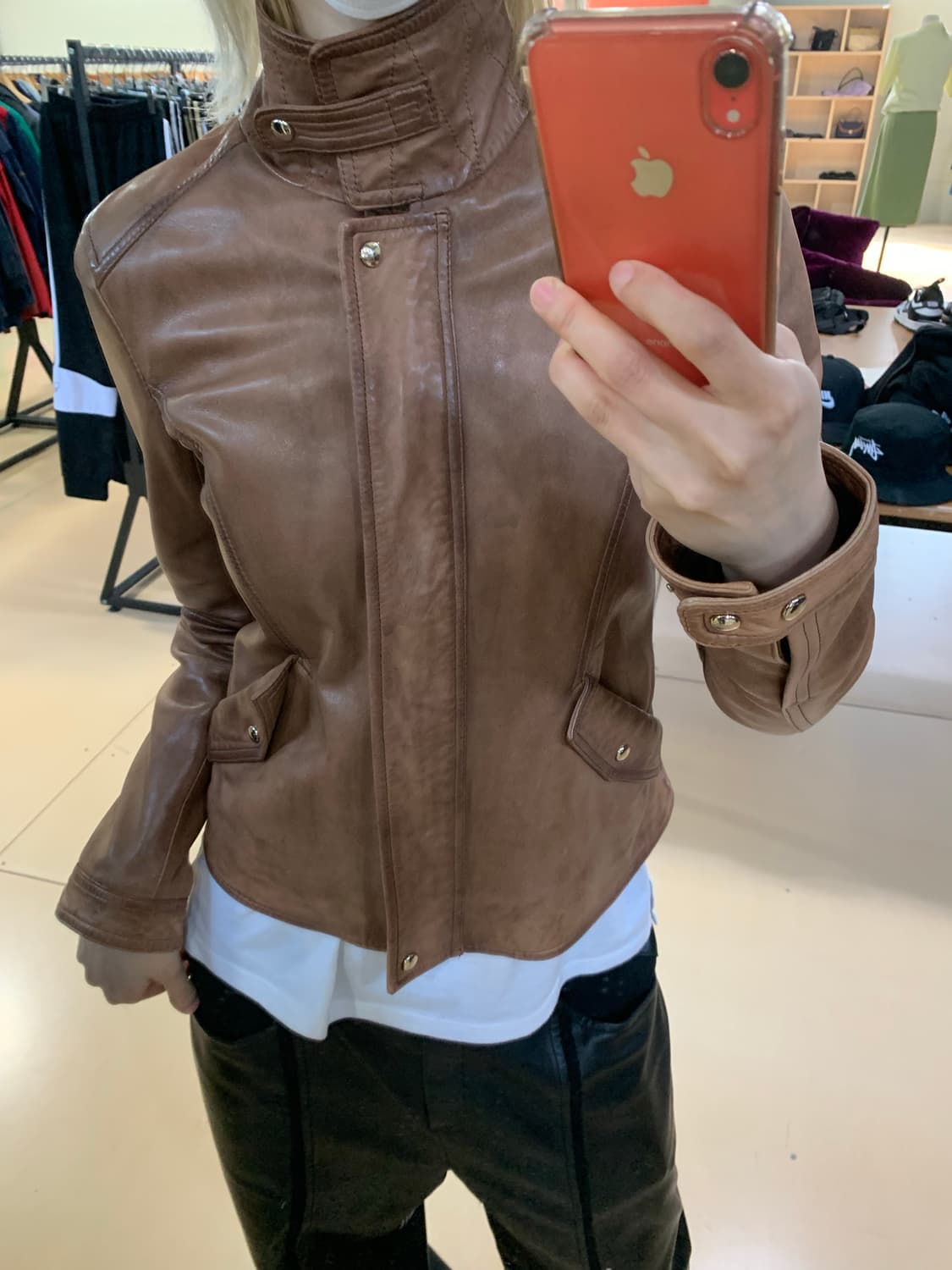 마시모두띠 하이넥 양가죽 슬림 라이더 자켓 리얼레더 베이지브라운 상품이미지1