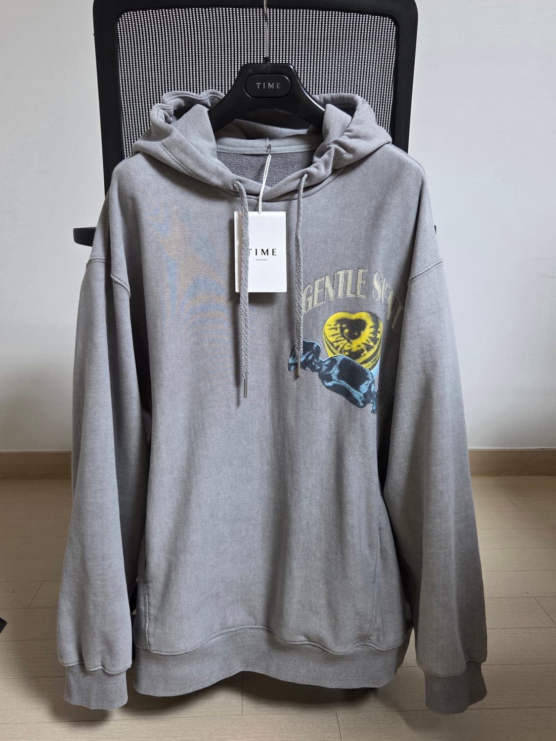 [정품] 타임옴므 23FW 가먼트다잉 오버핏 프린티드 그레이 남성 후드티 상품이미지1