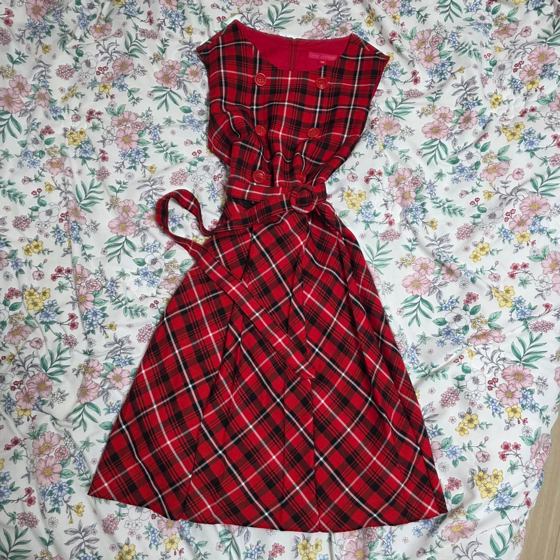 빈티지)00s레드x블랙 타탄체크 캐캐체깔 오네갸루 고딕로리타 플리츠원피스 상품이미지3