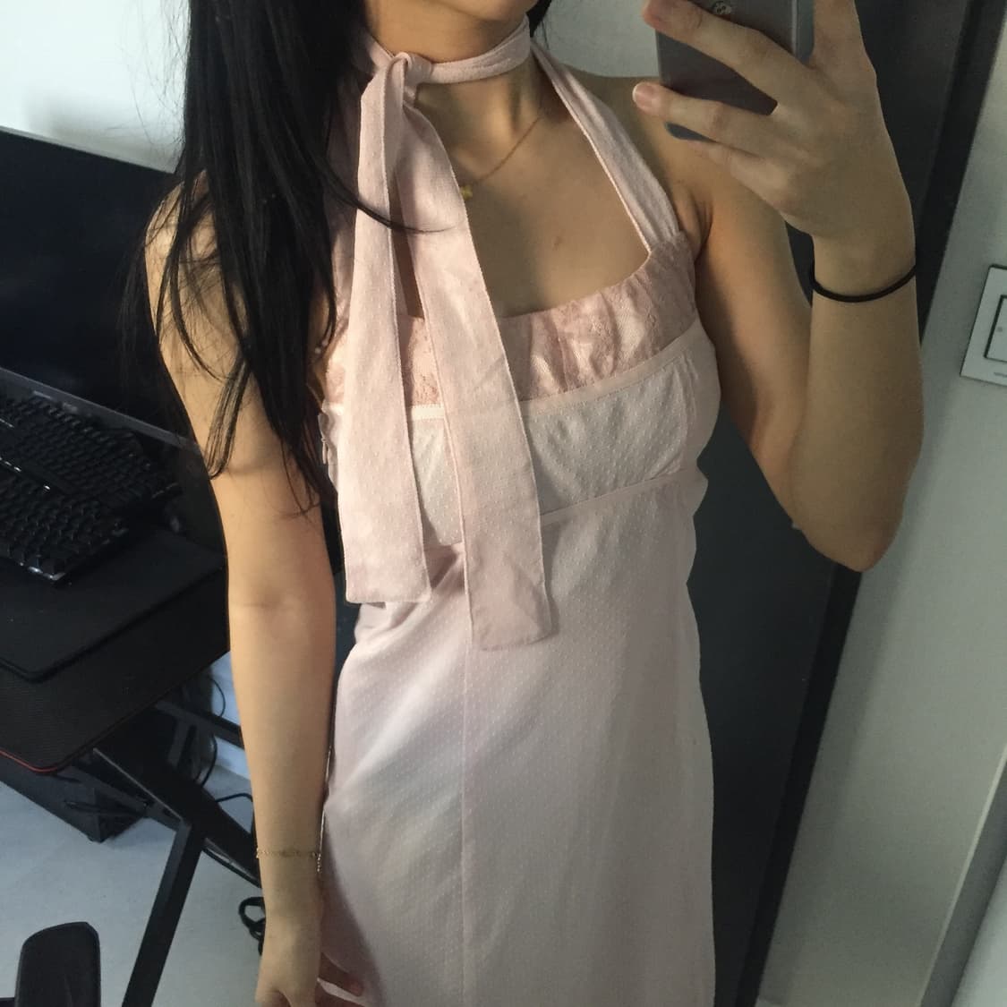 도트 레이스 플라워 홀터 딸기우유 원피스 상품이미지6