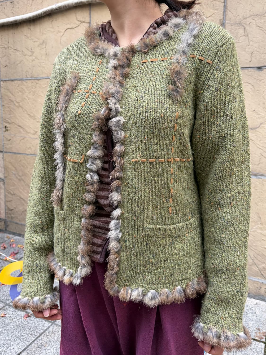 일본 빈티지 모리걸 스티치 퍼 니트 가디건 상품이미지1