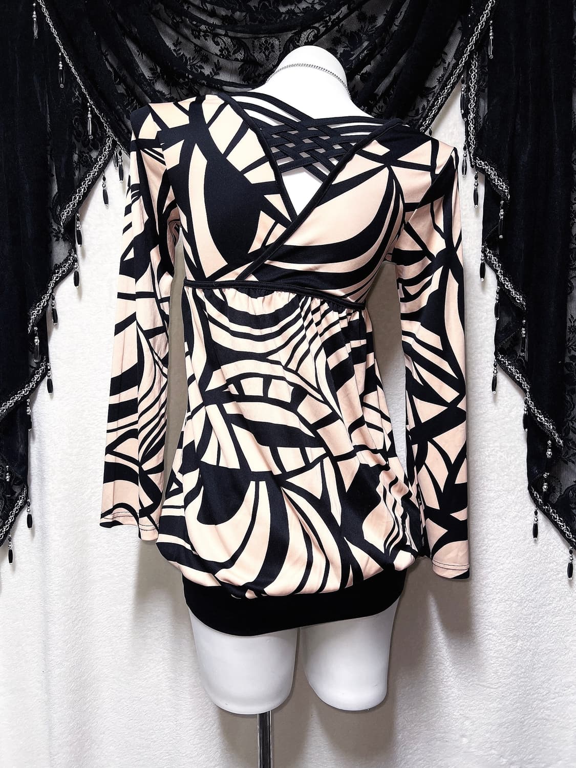 오네갸루 히메 로맨틱 로걀 기하학패턴 트임 아게하 벌룬원피스 섹시블라우스 상품이미지6