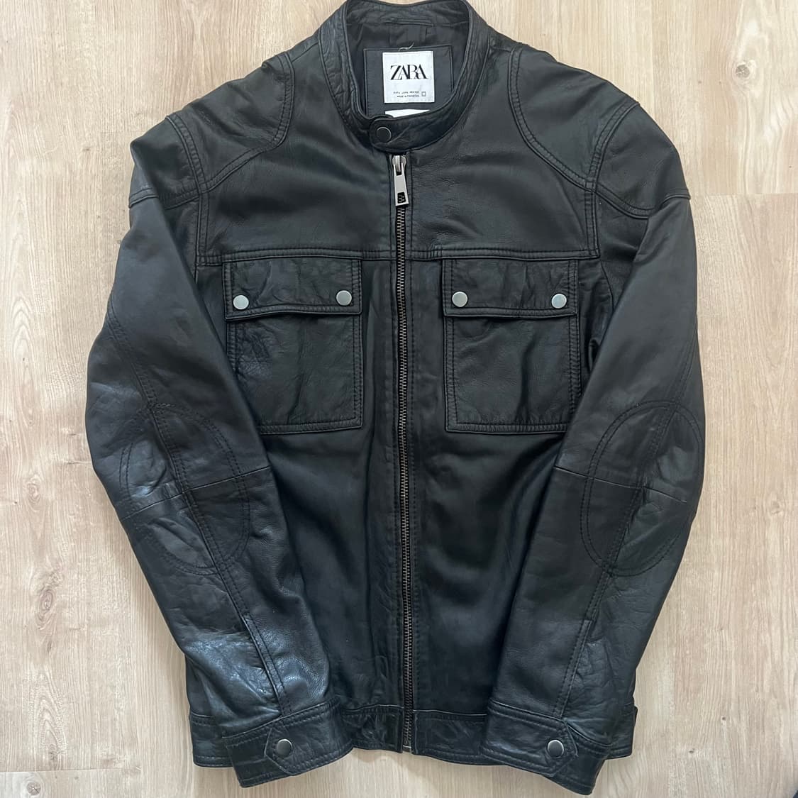 [ZARA] 자라 리얼레더 헨리넥 카라 라이더 자켓 상품이미지1