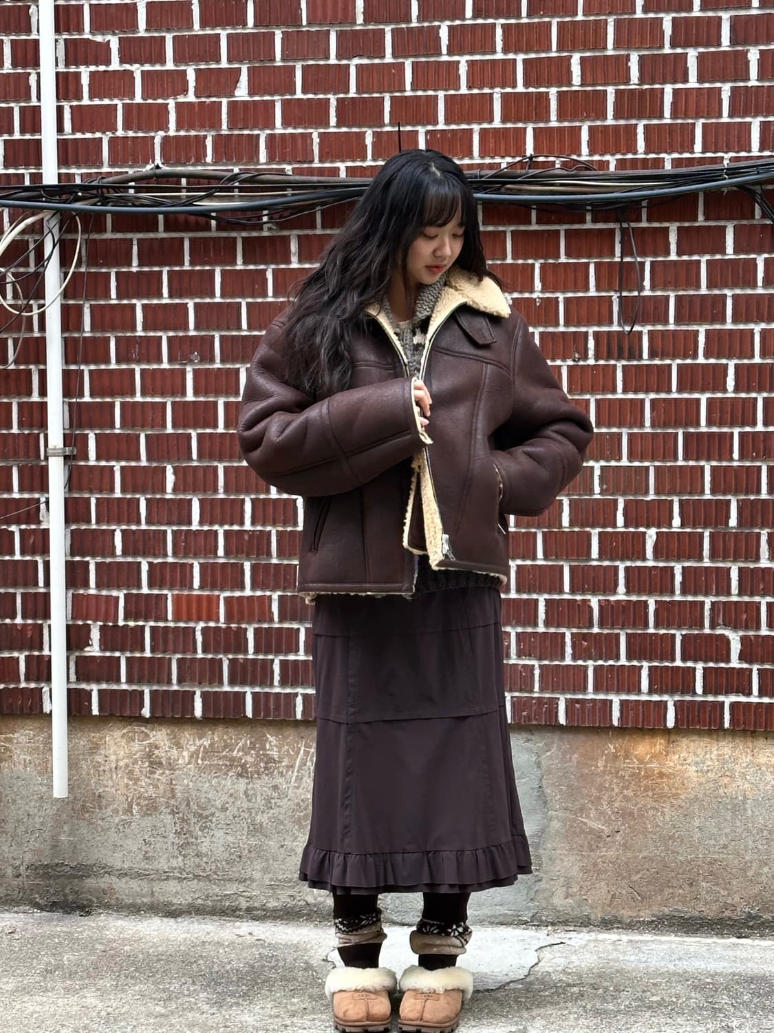 르마드 무스탕 코위찬 니트조끼 집업 폴로 니트 브라운 스커트 코디세트 상품이미지1