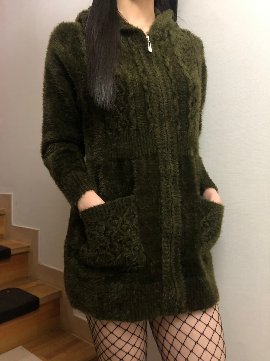 빈티지 후드 카키 롱 집업 상품이미지2