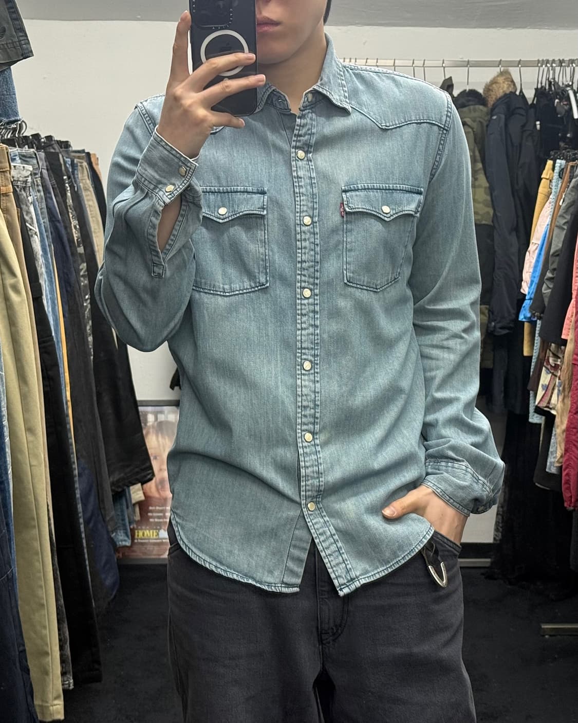 리바이스 워싱 데님 연청 웨스턴 셔츠 남방 M 95 워크 긴팔 투포켓  상품이미지1