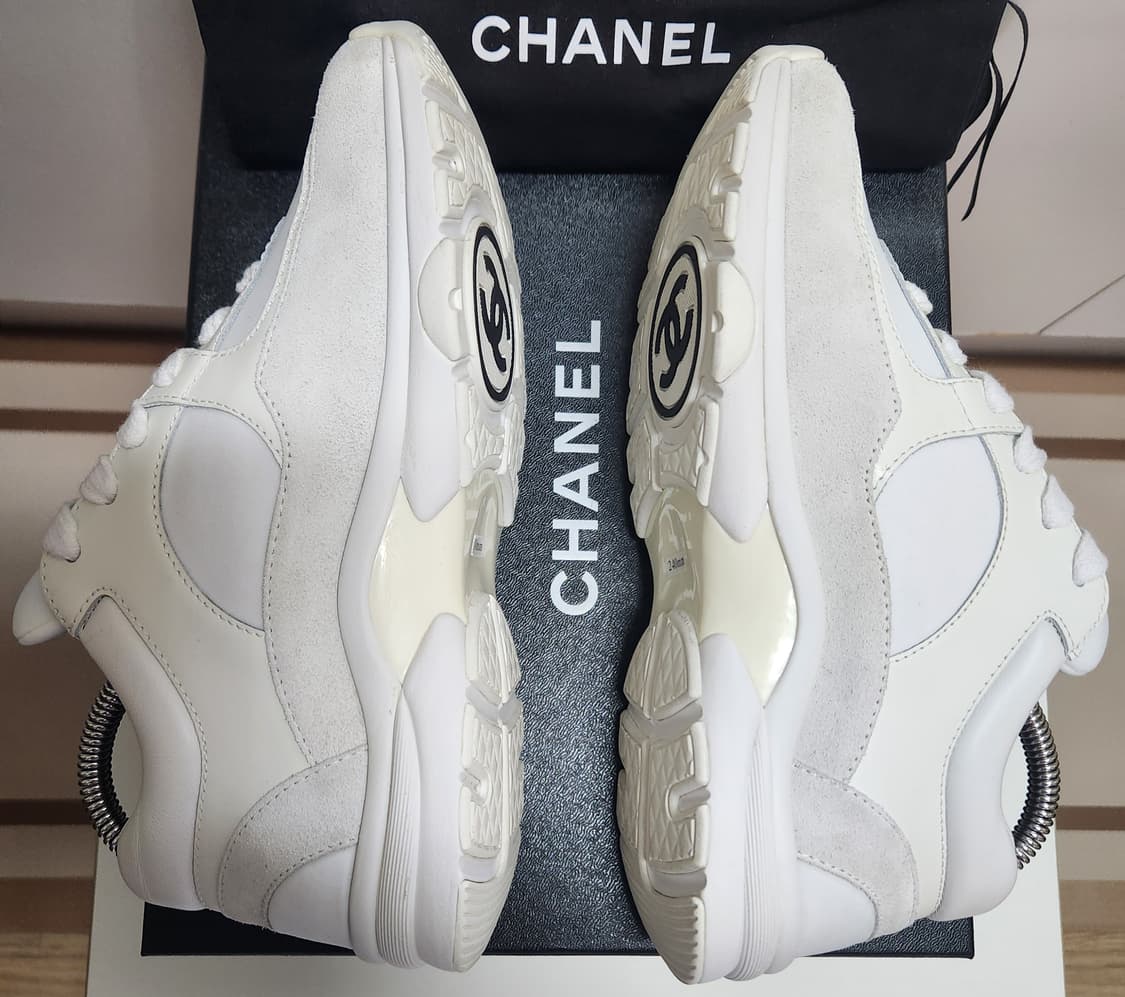 [정품) 샤넬 스니커즈 운동화 CC로고 믹스드 파이버 카프스킨 흰색 37 상품이미지4