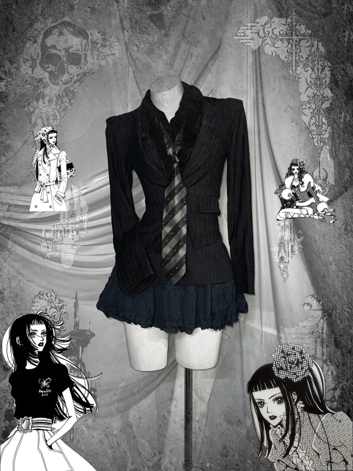 엑시즈팜 유카리깔 프릴 스트라이프 블레이저 프레피 코디세트 상품이미지1