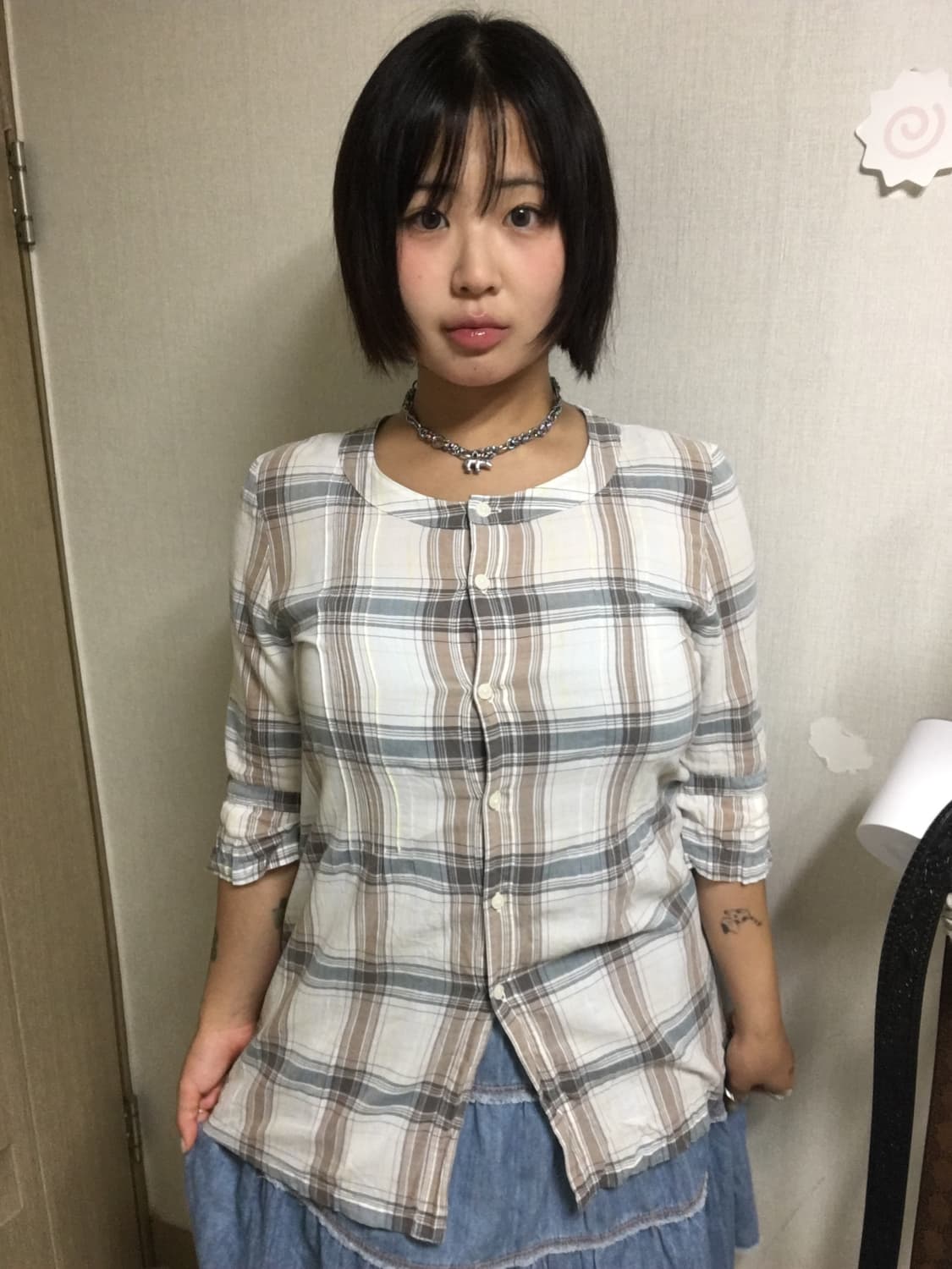 체크 칠부 블라우스 상품이미지1