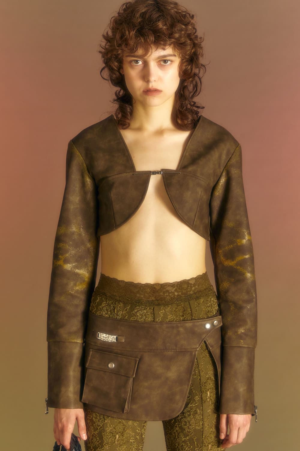 앤더슨벨 볼레로 크롭 포레더 가죽자켓 빈티지 브라운 카우걸 가디건 상품이미지5