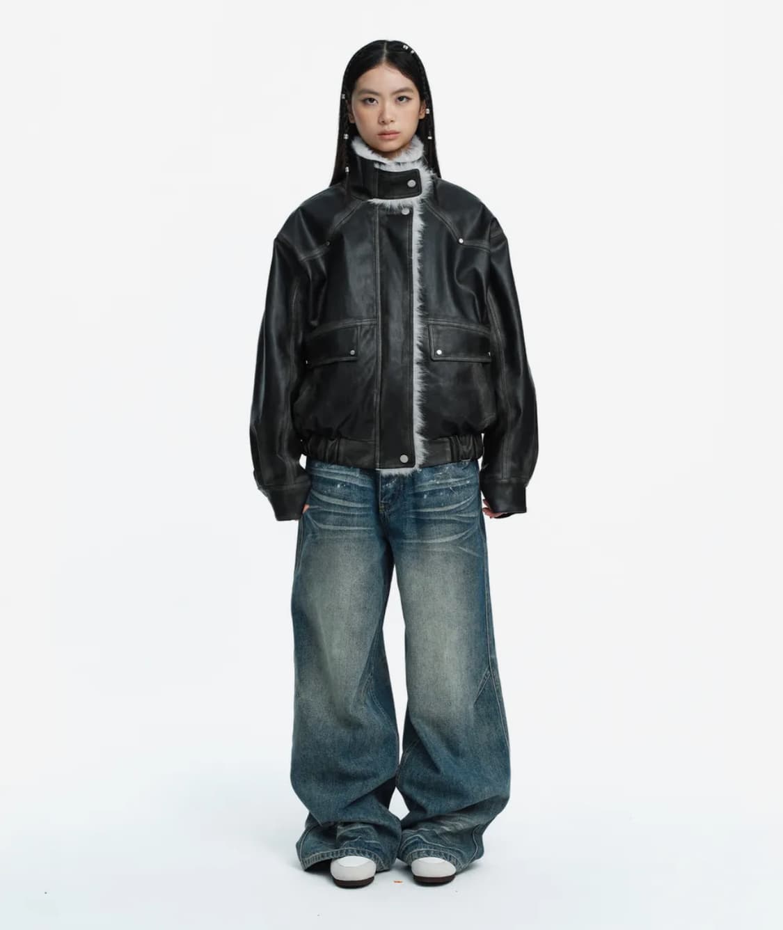 러프넥 워싱 레더 무스탕 자켓 그레이 상품이미지2