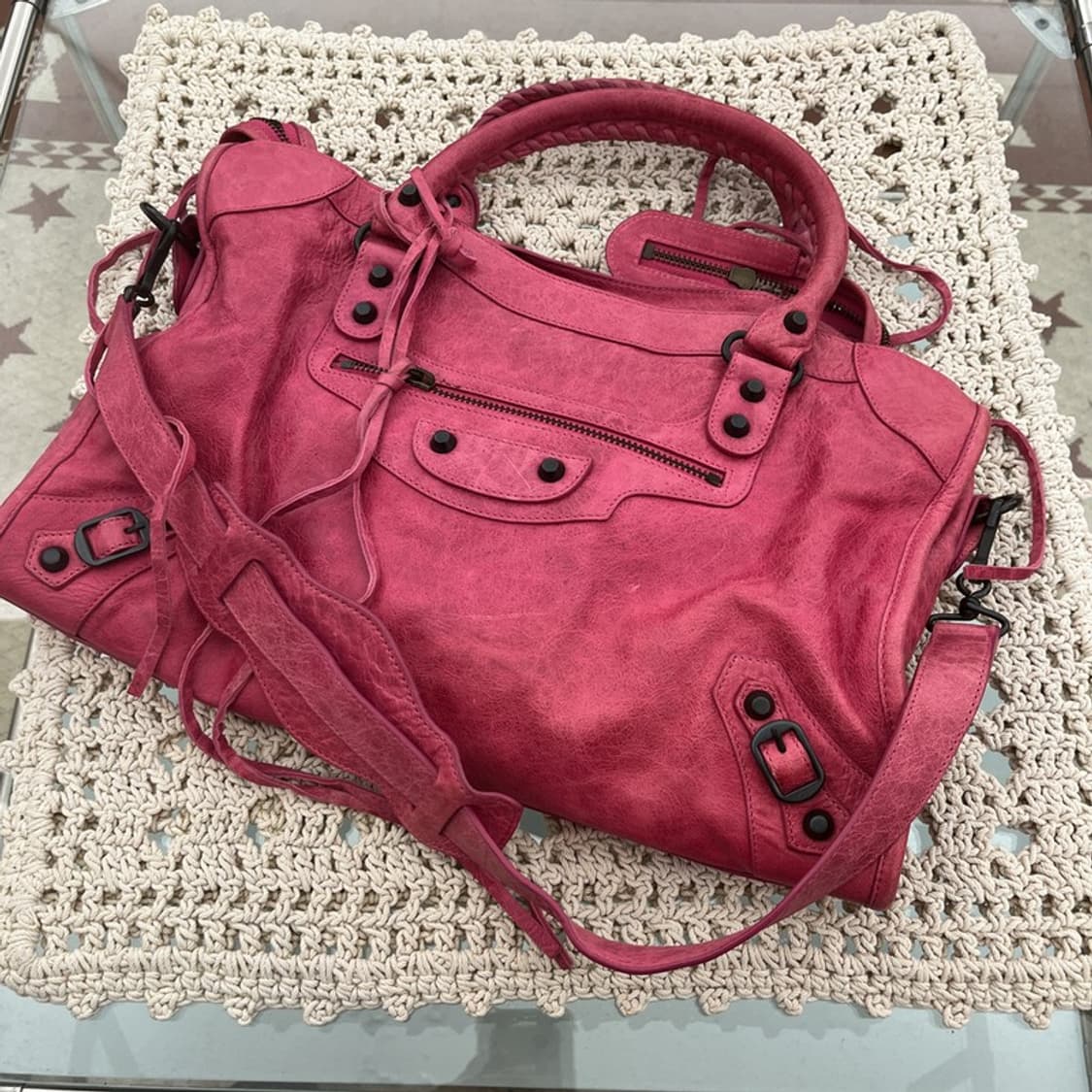 빈티지 스트릿 펑크 키치 스터드 딥핑크 숄더백 C10208 상품이미지3
