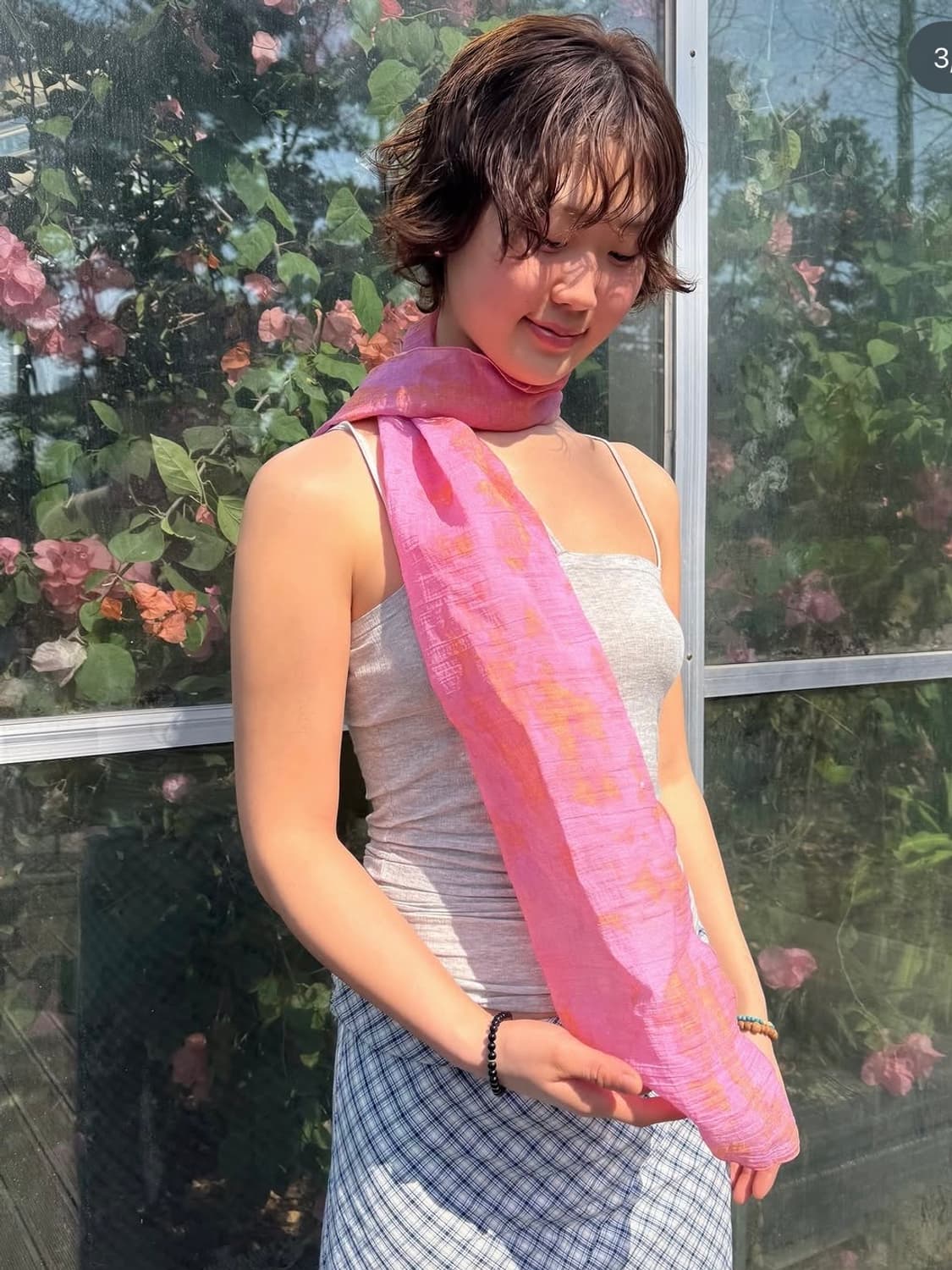 (1회착용) 라이트그린 스카프 _ 핑크 상품이미지3