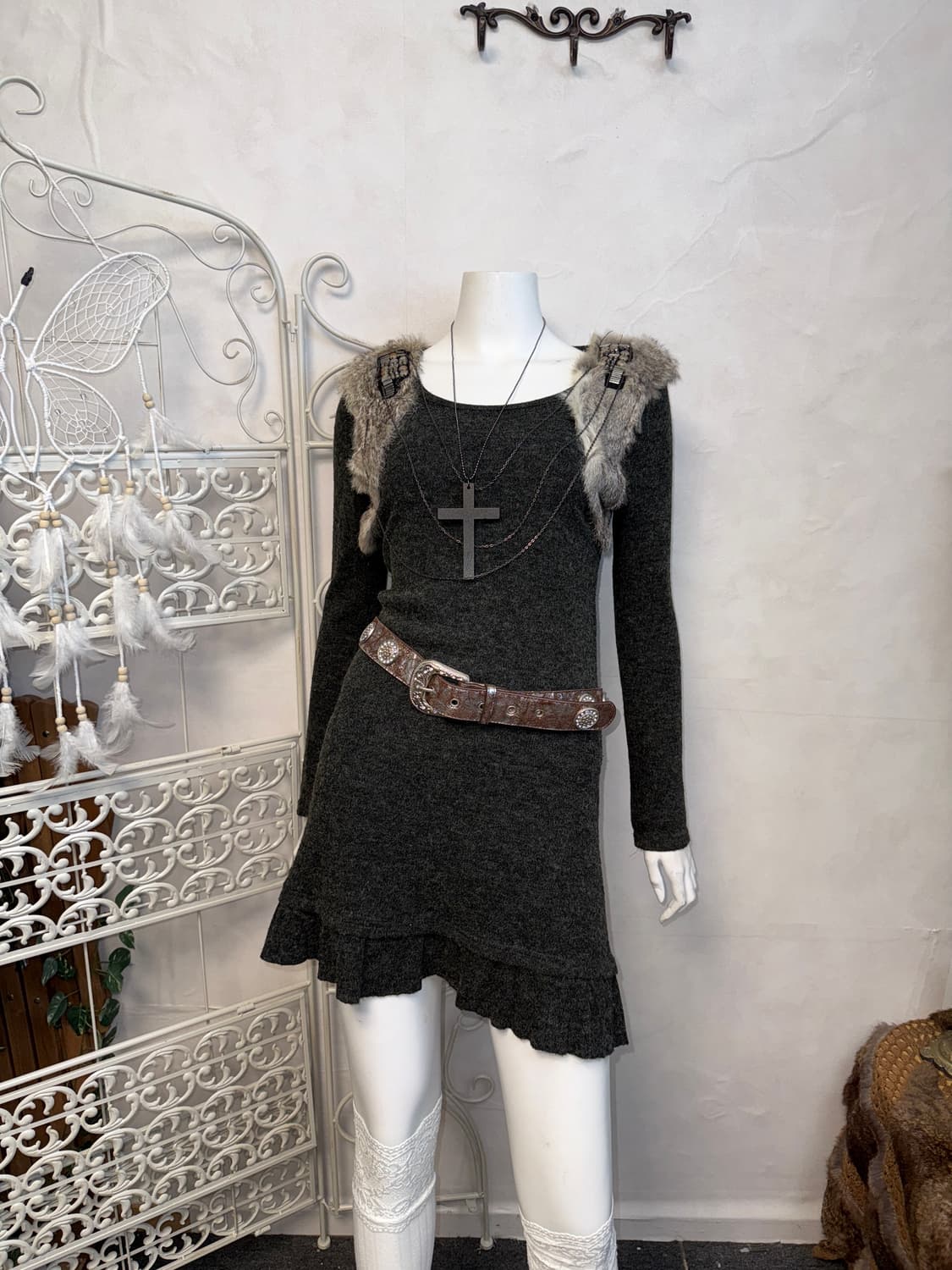 Charcoal rabbit fur trimming wool ops 상품이미지1