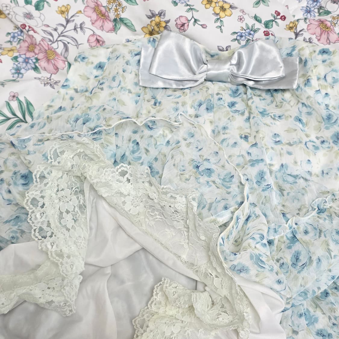 고전레스트로즈 일본빈티지)빅리본 스즈코모리걸 플로럴 블루민트로즈 원피스버 상품이미지4