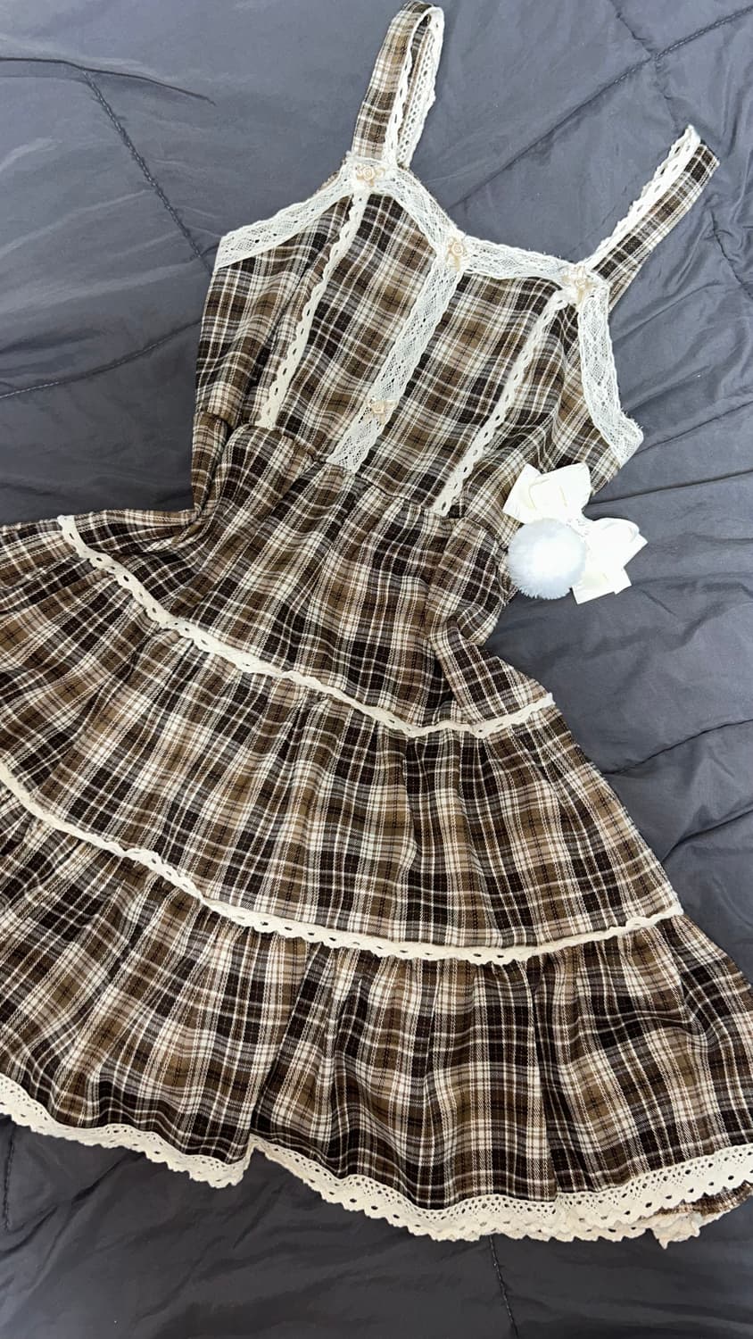 리즈리사깔 라떼갸루 체크 레이스 원피스 상품이미지1