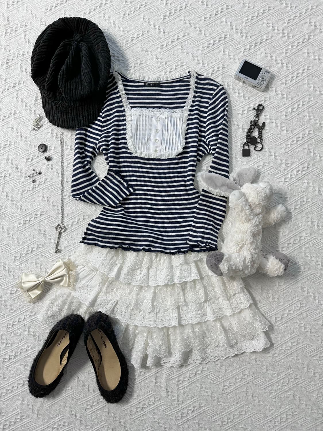 레이어드 버튼 넥 탑 레이스 프릴 큐롯 팬츠 2pcs SET 상품이미지1